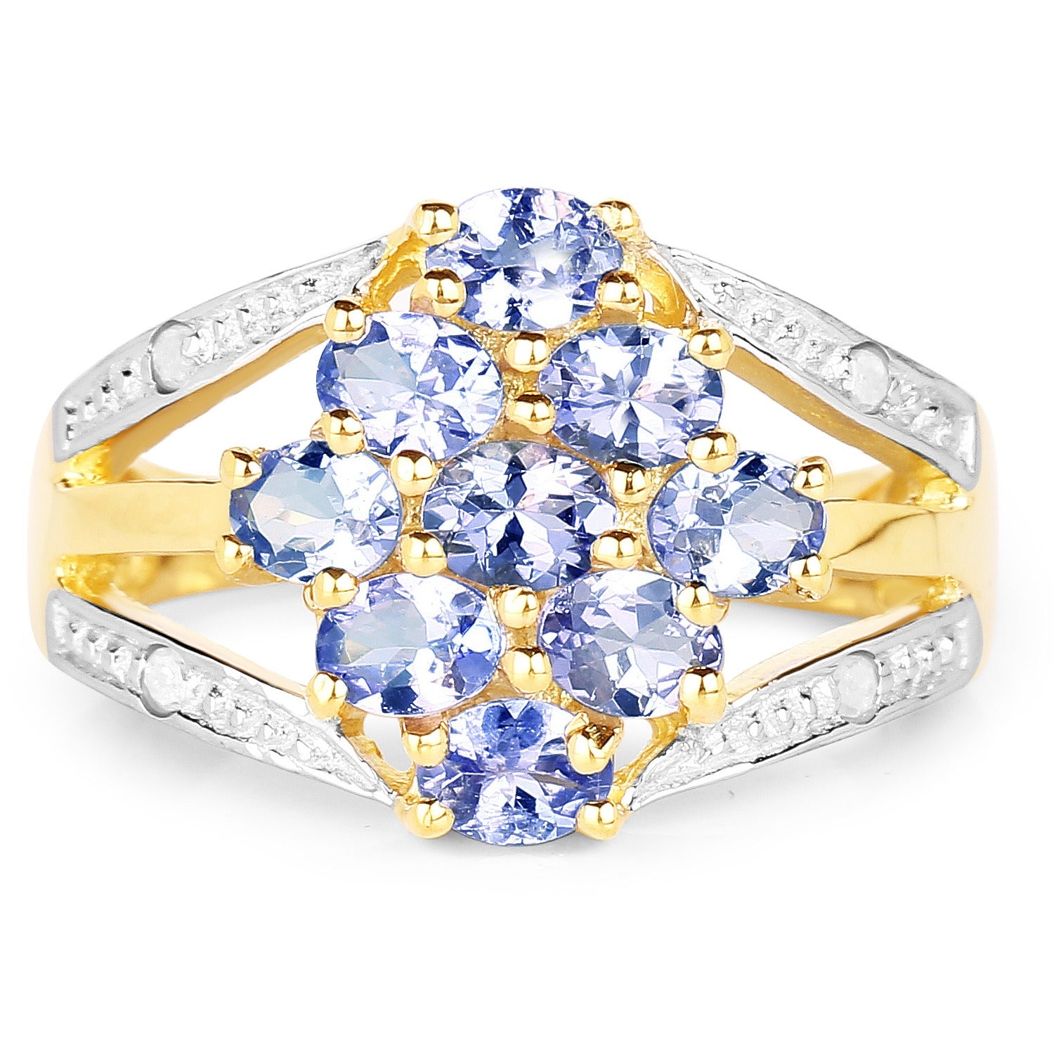 1.59 Ct Oval Violet Tanzanite Prong 14K Yellow Gold Plated Silver Cluster Split Shank Ring