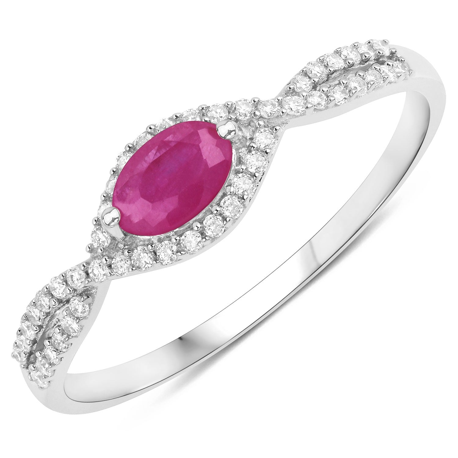 0.40 Ct Oval Shaped Pink Ruby and White Diamond 14K White Gold Crossover Halo Ring