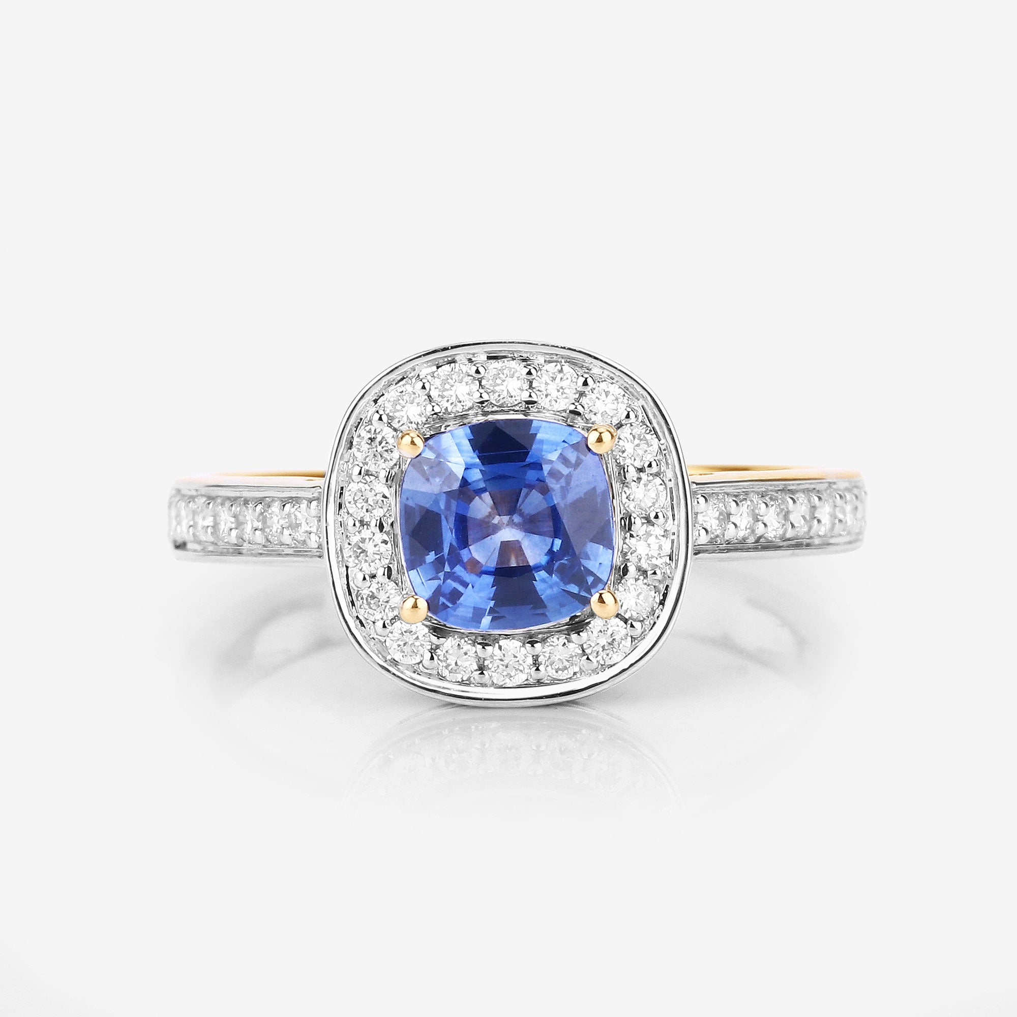 1.31 Ct Genuine Blue Sapphire Diamond 18K Yellow Gold Halo Pave Ring