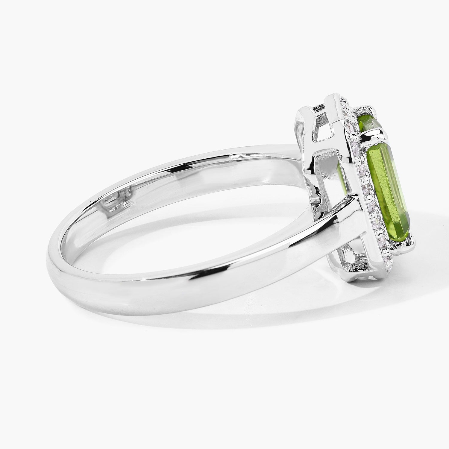 1.78 Ct Genuine Green Peridot and Lab Diamond Silver Halo Octagon Ring Fine Color Jewels