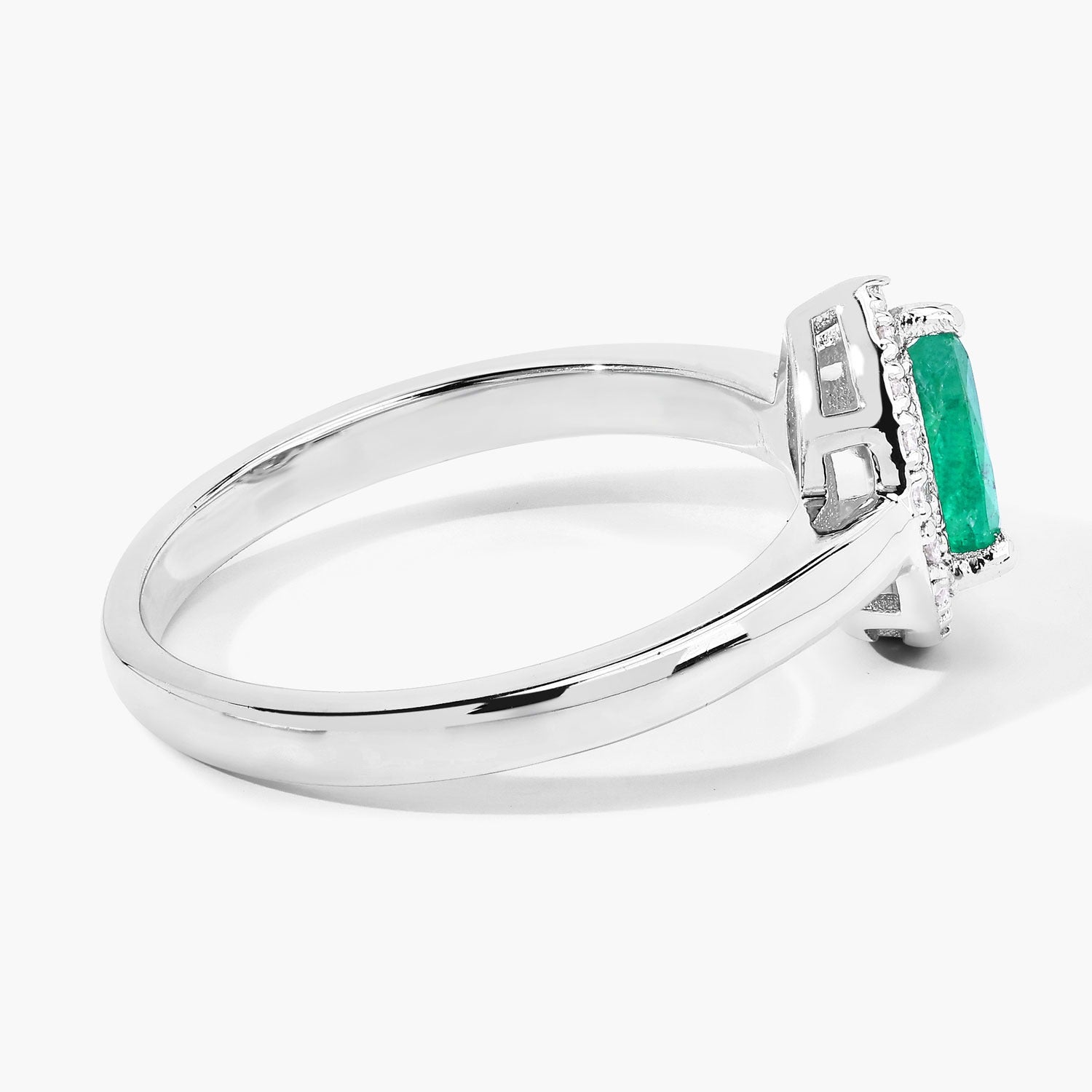0.65 Ct Pear Green Zambian Emerald & Lab Diamond Prong Silver Halo Ring
