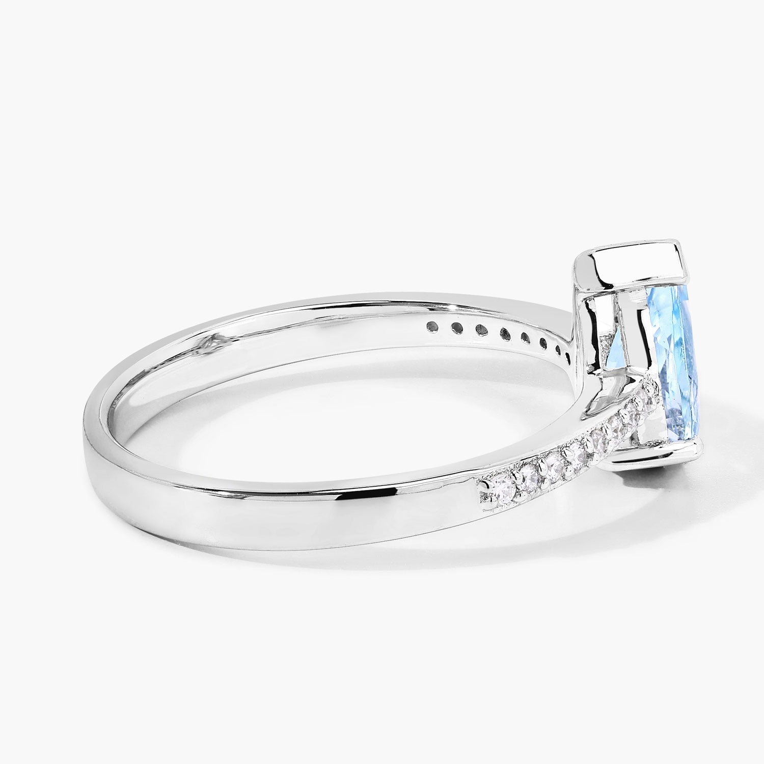 0.80 Ct Pear Blue Aquamarine and Lab Diamond V-Prong Silver Pave Bridge Ring