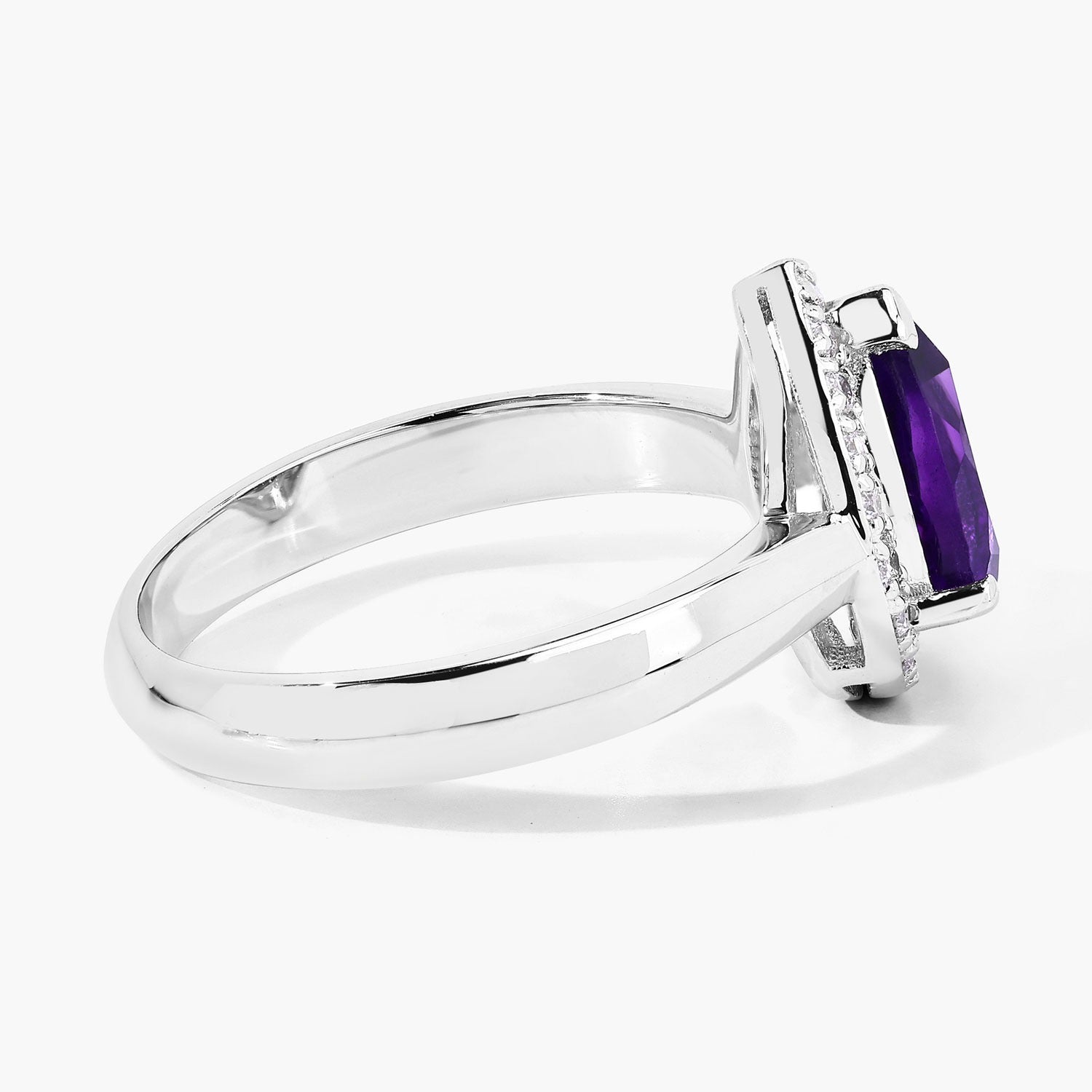 1.15 Ct Pear Purple Amethyst and Lab Diamond Prong Silver Halo Ring