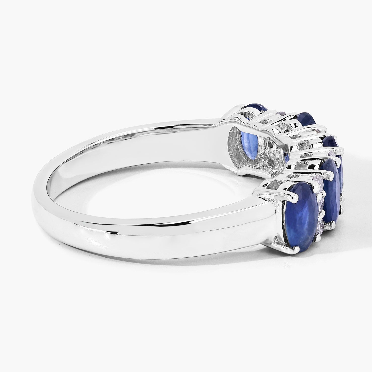 1.25 Ct Oval Blue Sapphire & Lab Diamond Prong Silver Half Eternity Band Five Stone Ring