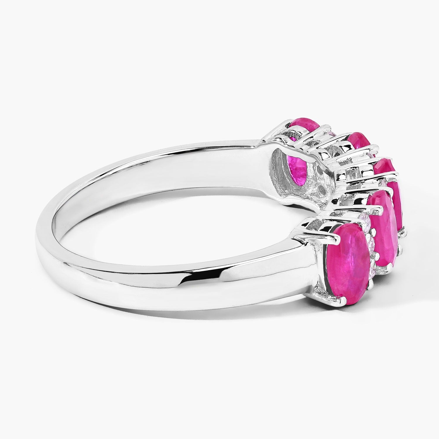 1.27 Ct Oval Pink Ruby and Lab Grown Diamond Silver Five Stone Prong Eternity Ring