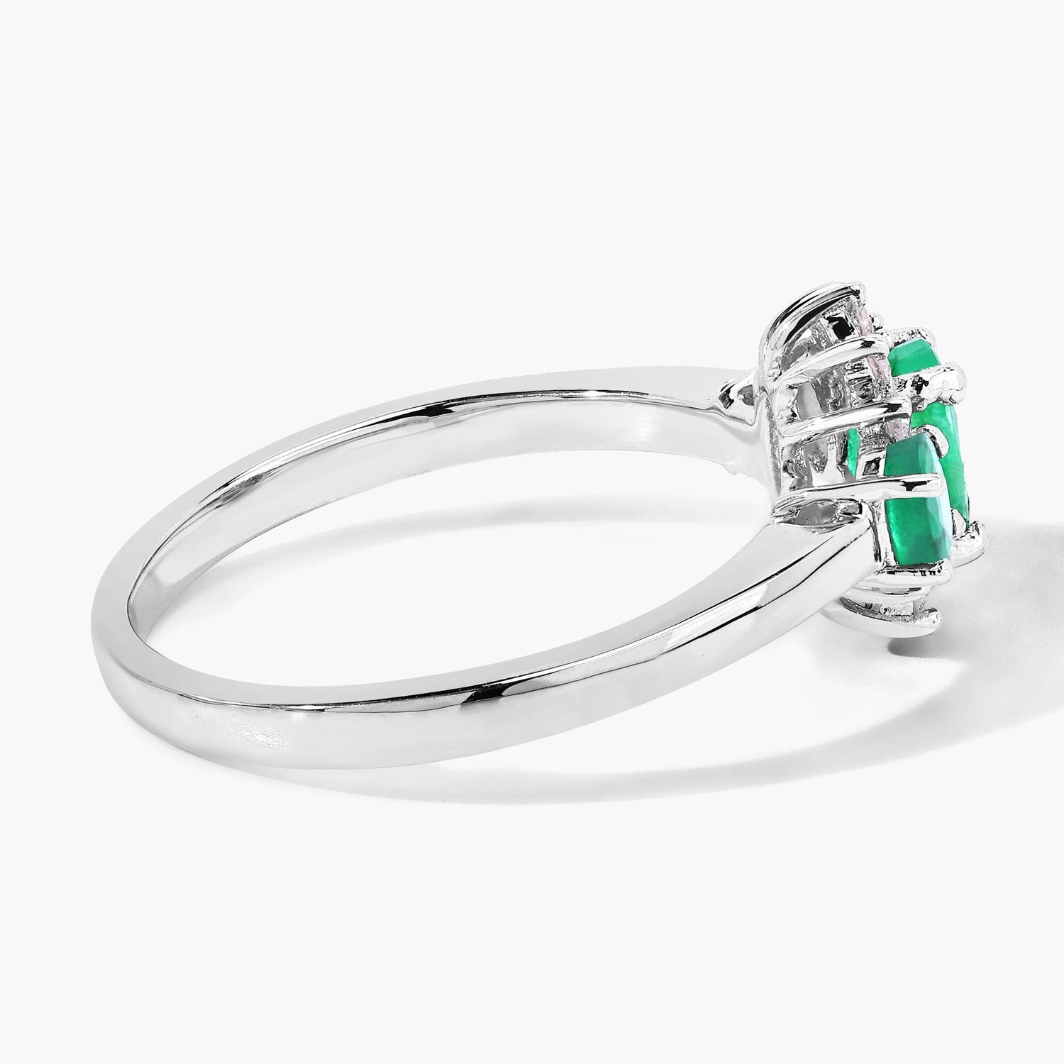 0.74 Ct Oval Green Zambian Emerald & Lab Diamond Prong Silver Three Stone Cocktail Ring