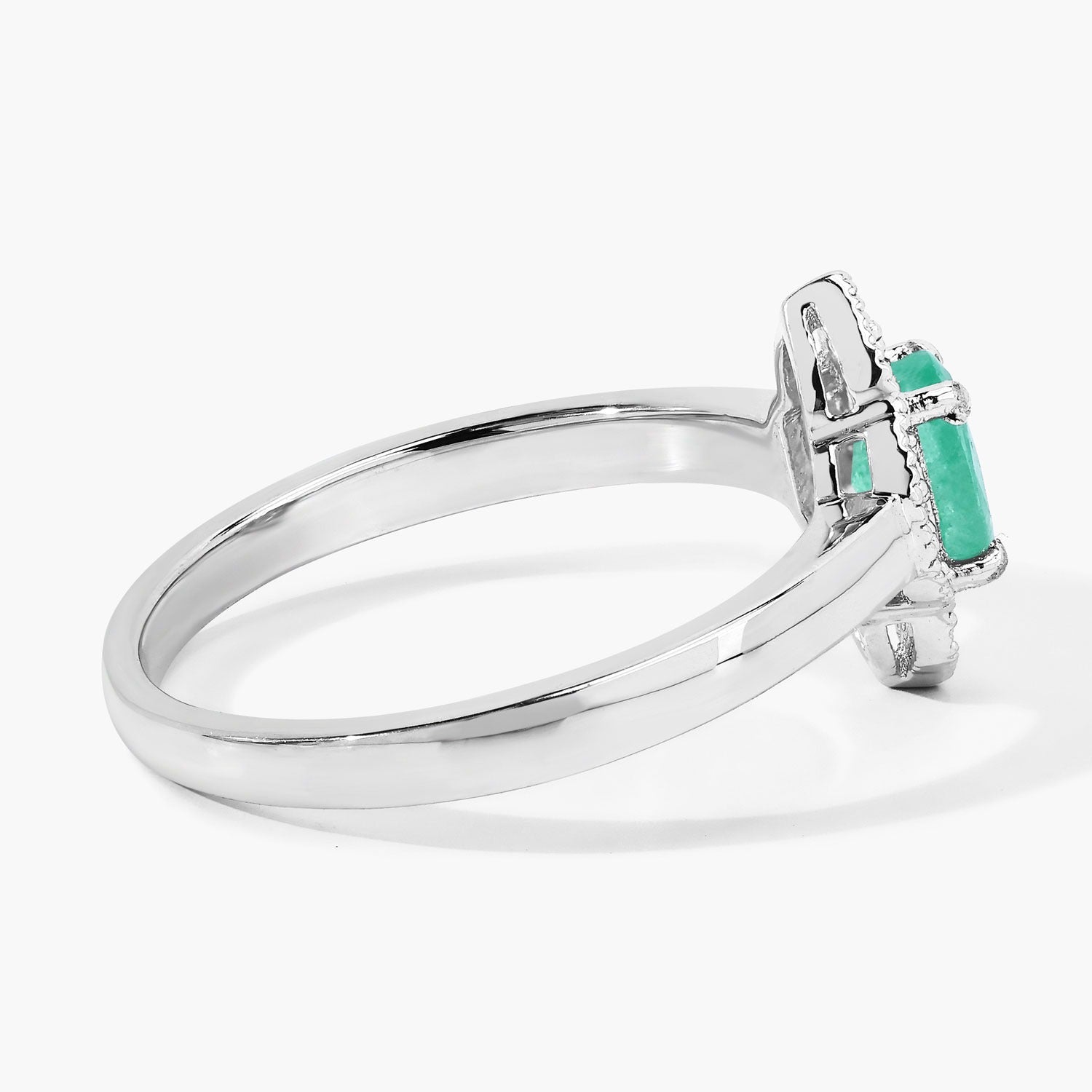 0.44 Ct Oval Green Zambian Emerald & Lab Diamond Prong Silver Floral Halo Ring