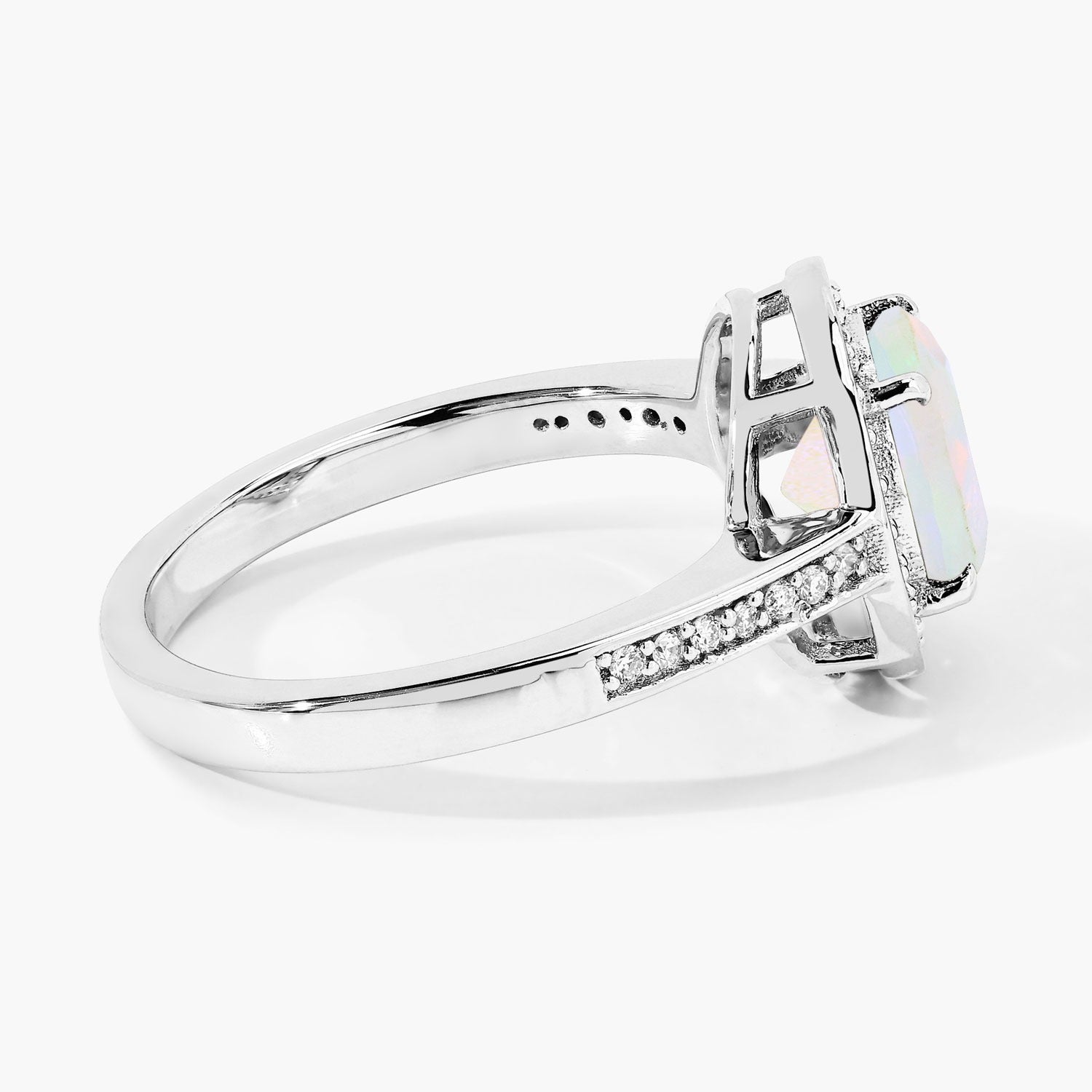 1.11 Ct Genuine Ethiopian Opal and Lab Diamond Silver Halo Ring