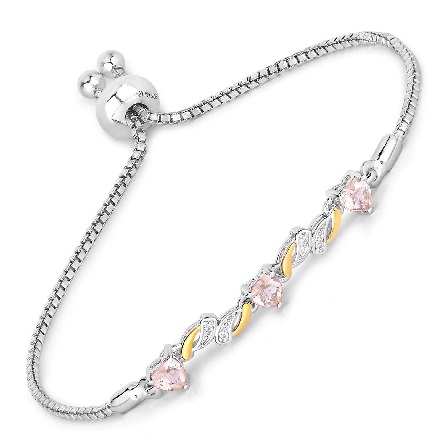 Sterling silver adjustable bracelet with heart-shaped pink gemstones and gold accents, Fine Color Jewels