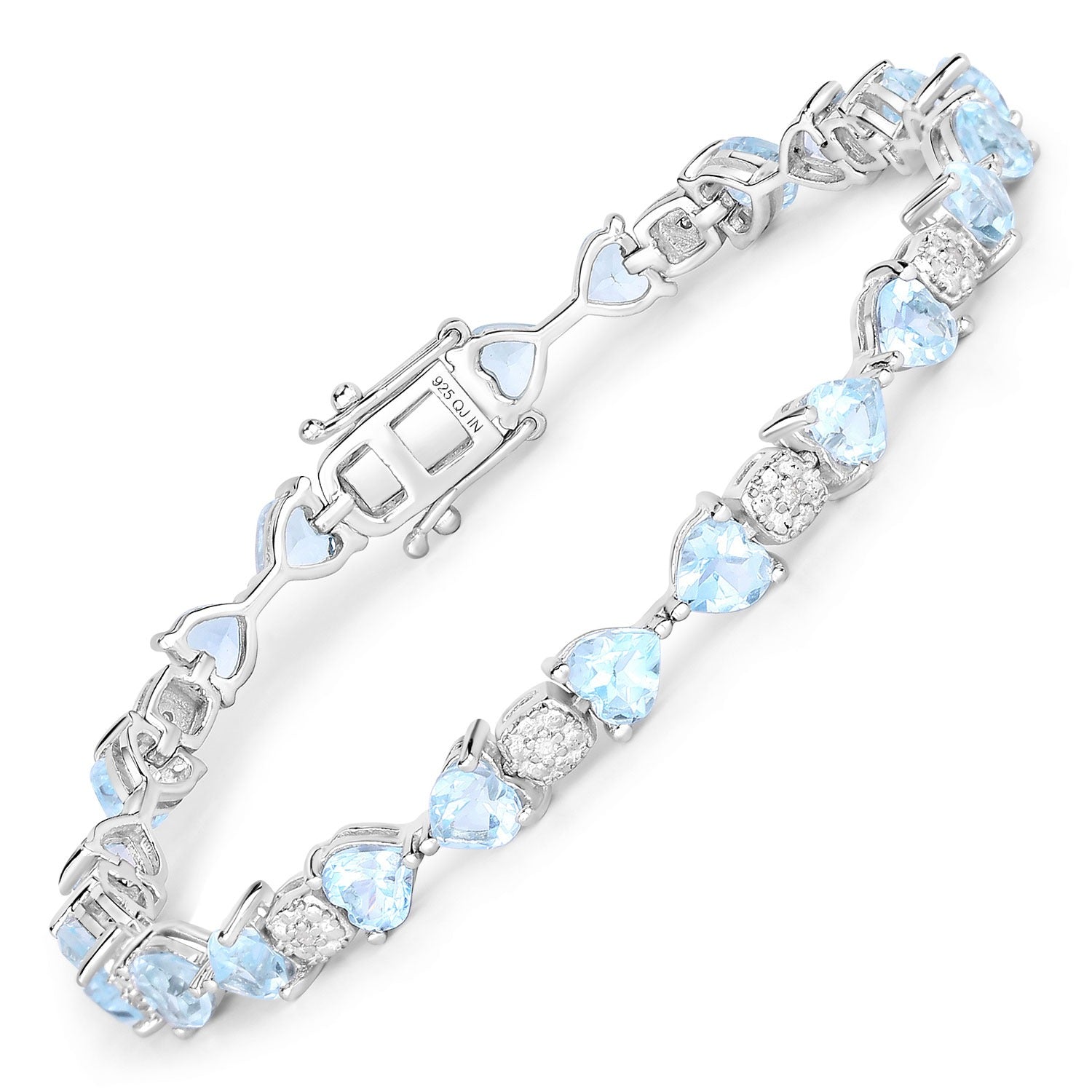 Sterling silver bracelet with heart-shaped blue gemstones and diamond accents, Fine Color Jewels