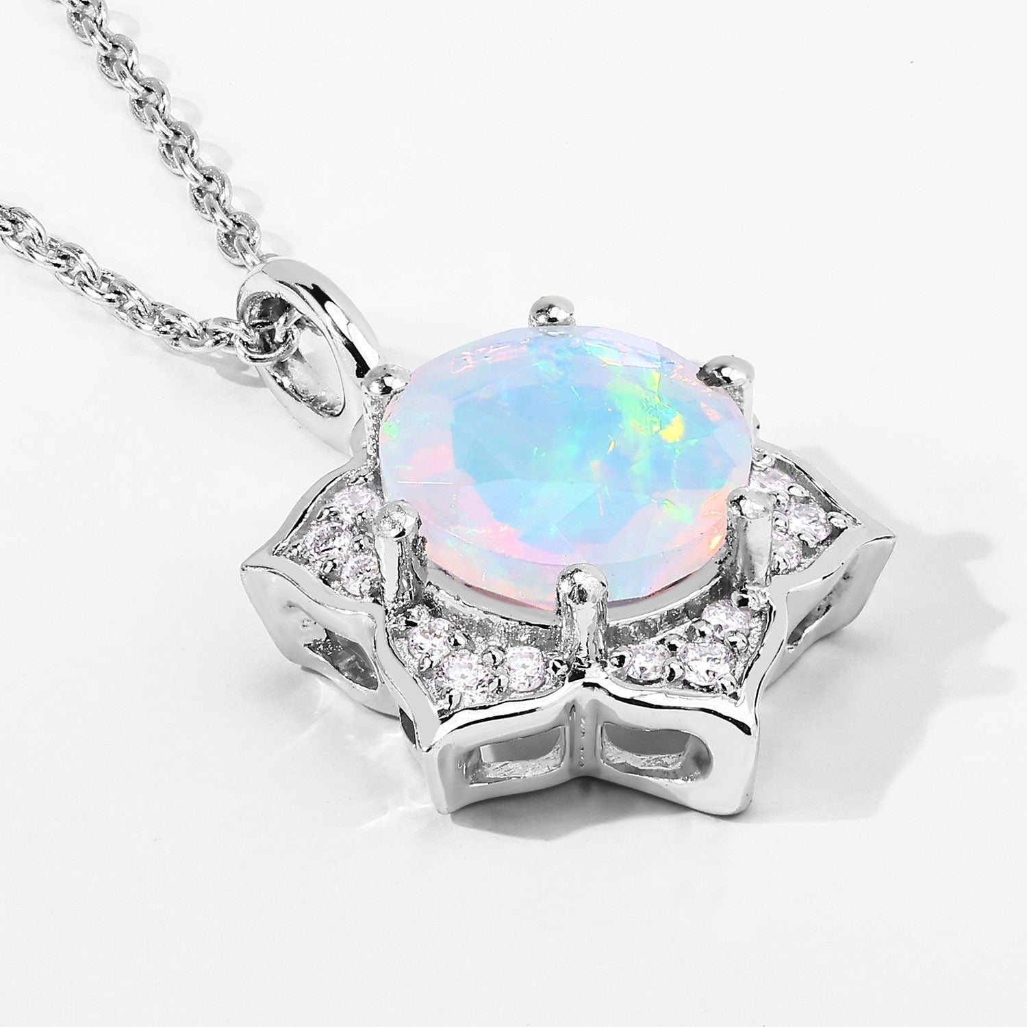 1.03 Ct Genuine Ethiopian Opal and Lab Diamond  Silver Star Necklace