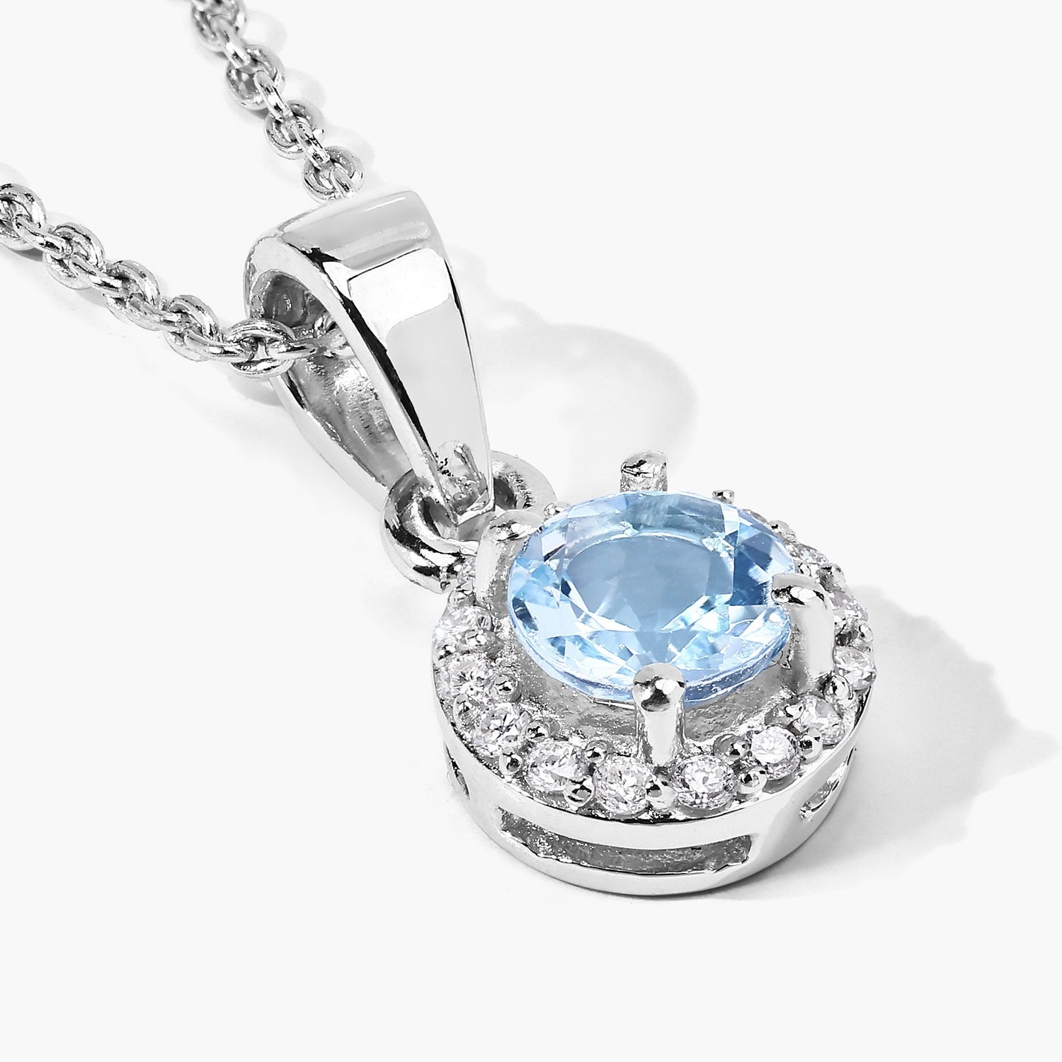 0.48 Ct Genuine Aquamarine and Lab Diamond Silver Round Necklace
