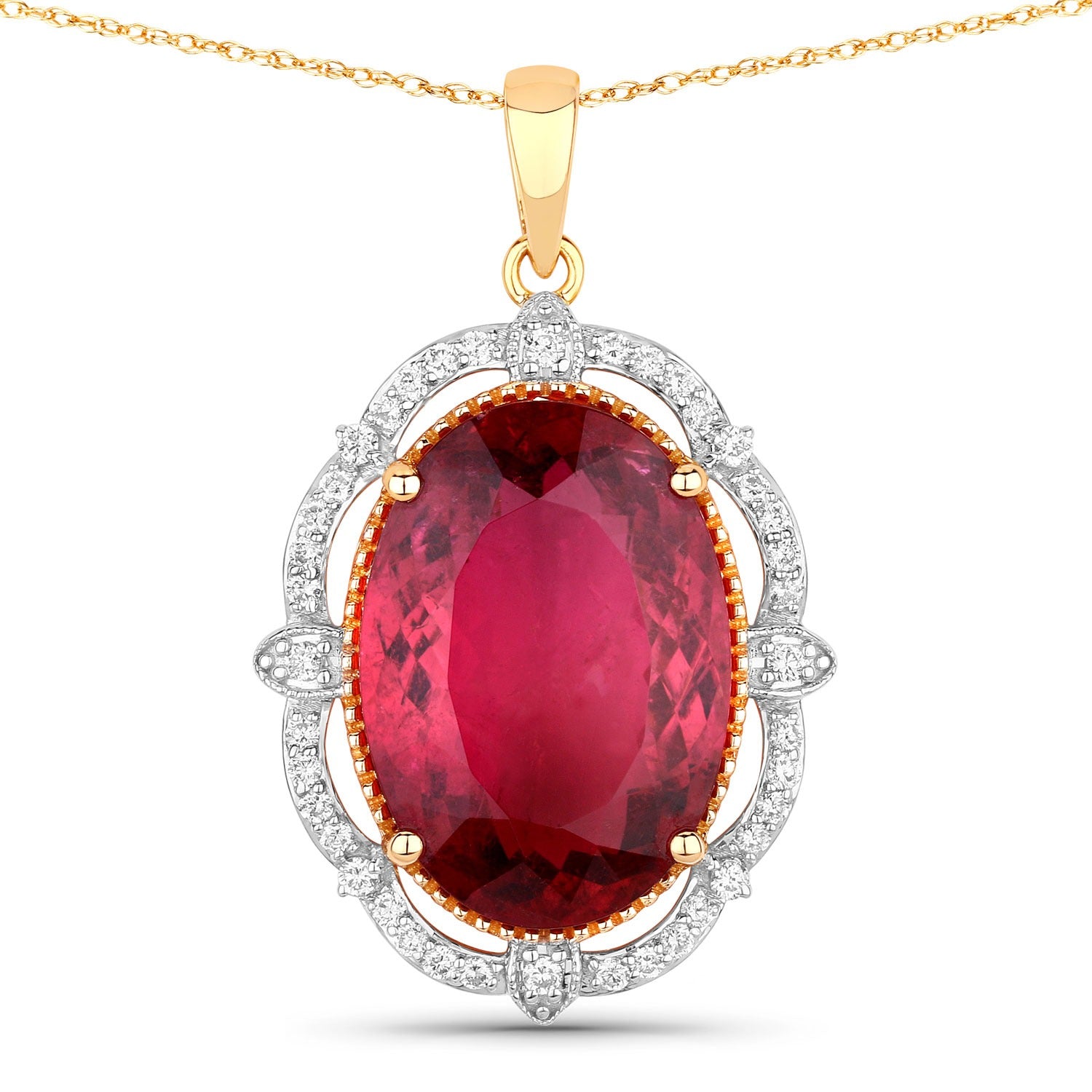 Genuine Rubellite and White Diamond 14K Yellow Gold Oval Pendant Fine Color Jewels