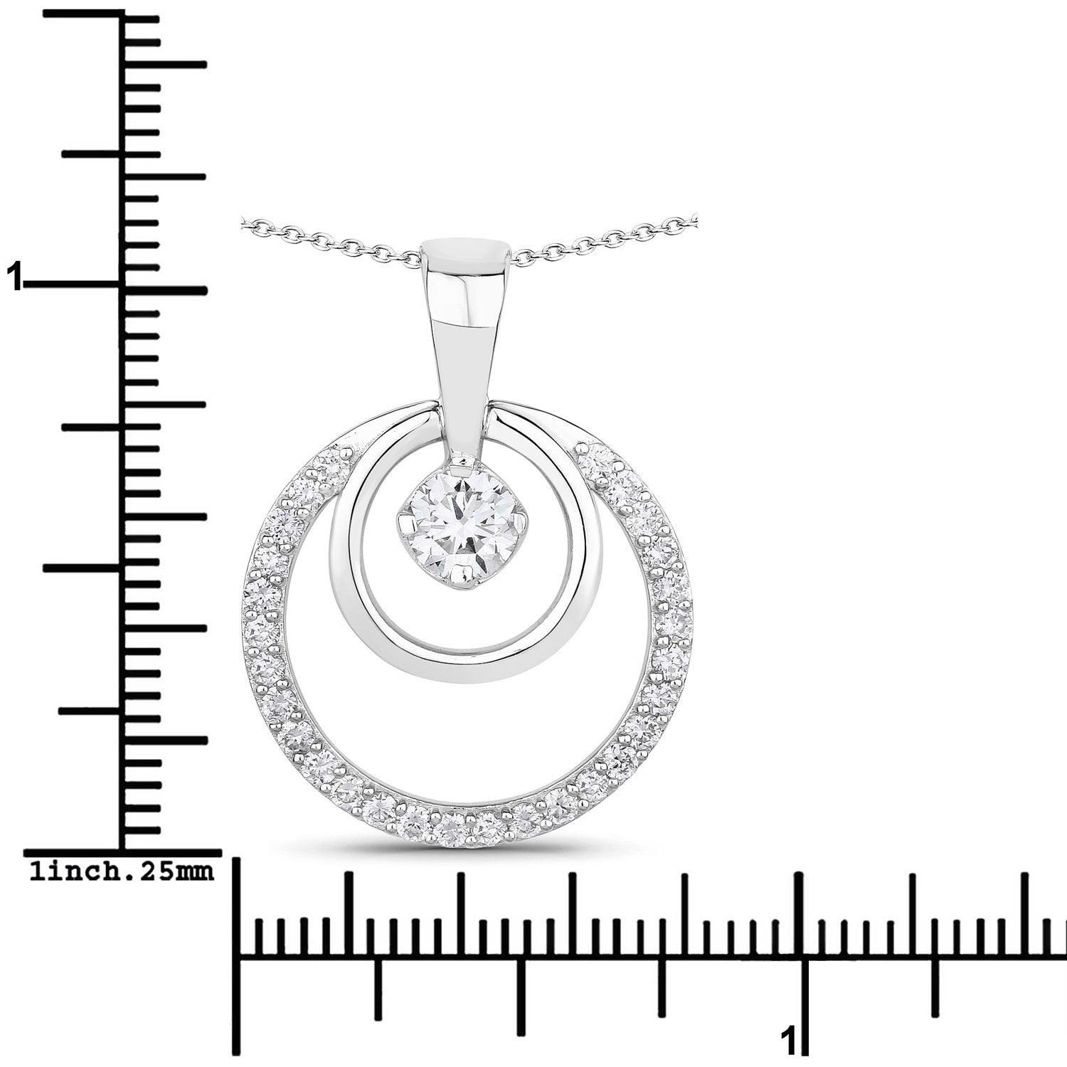 1 Cttw Round White Lab Grown Diamond Rhodium Plated Silver Double Circle Halo Pendant Necklace