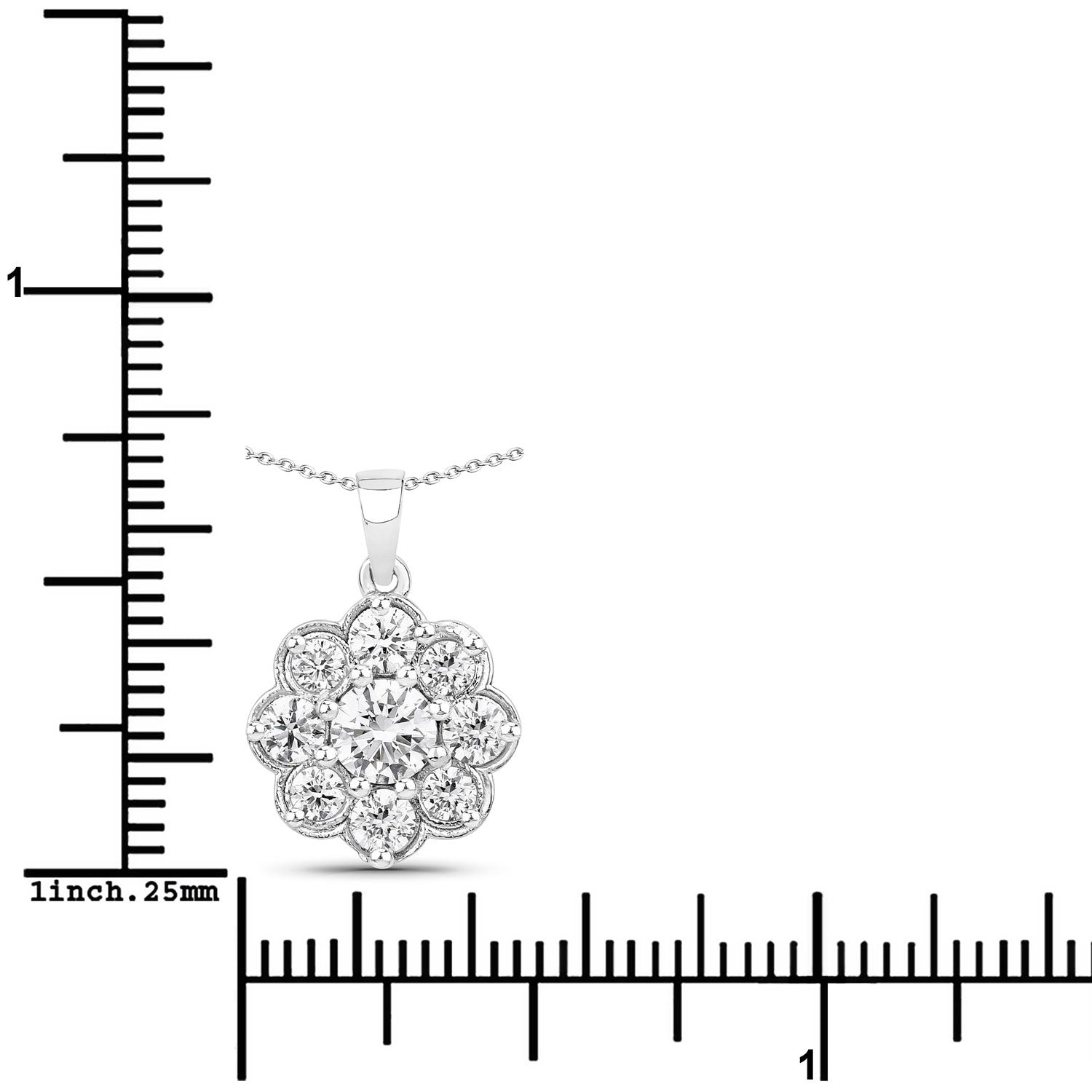 1 Cttw Round Lab Diamond Rhodium Plated Silver Scalloped Floral Halo Cluster Pendant Necklace