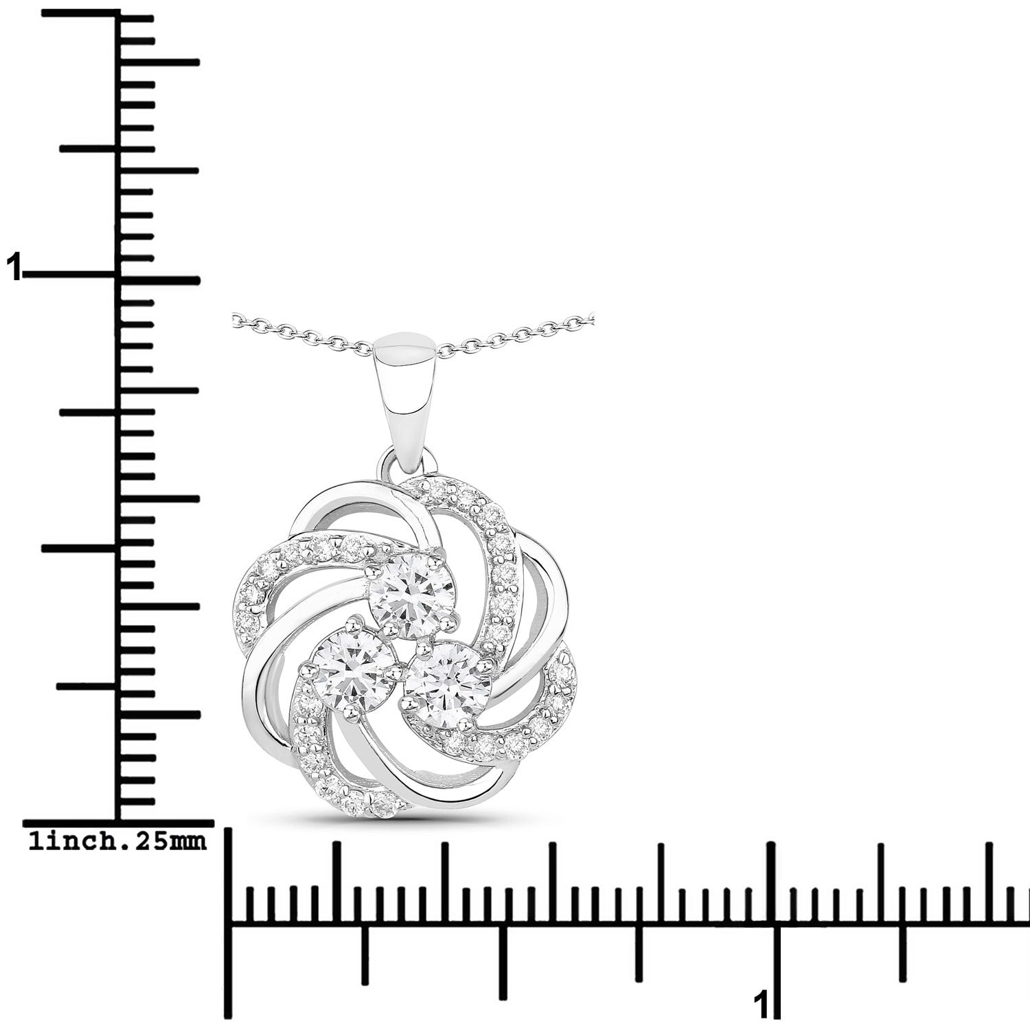 1 Cttw Round Lab Diamond Rhodium Plated Silver Three Stone Swirl Flower Pendant Necklace