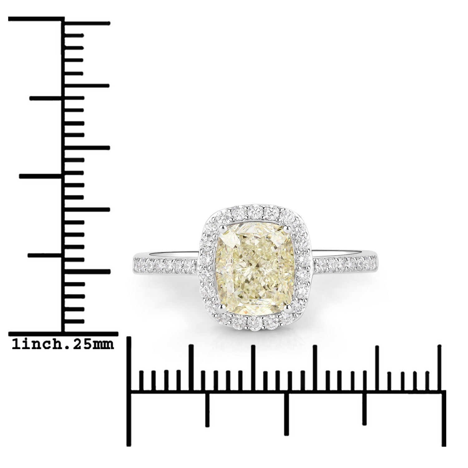 2.05 Ct Cushion Cut Genuine Yellow Diamond 18K White Gold Ring