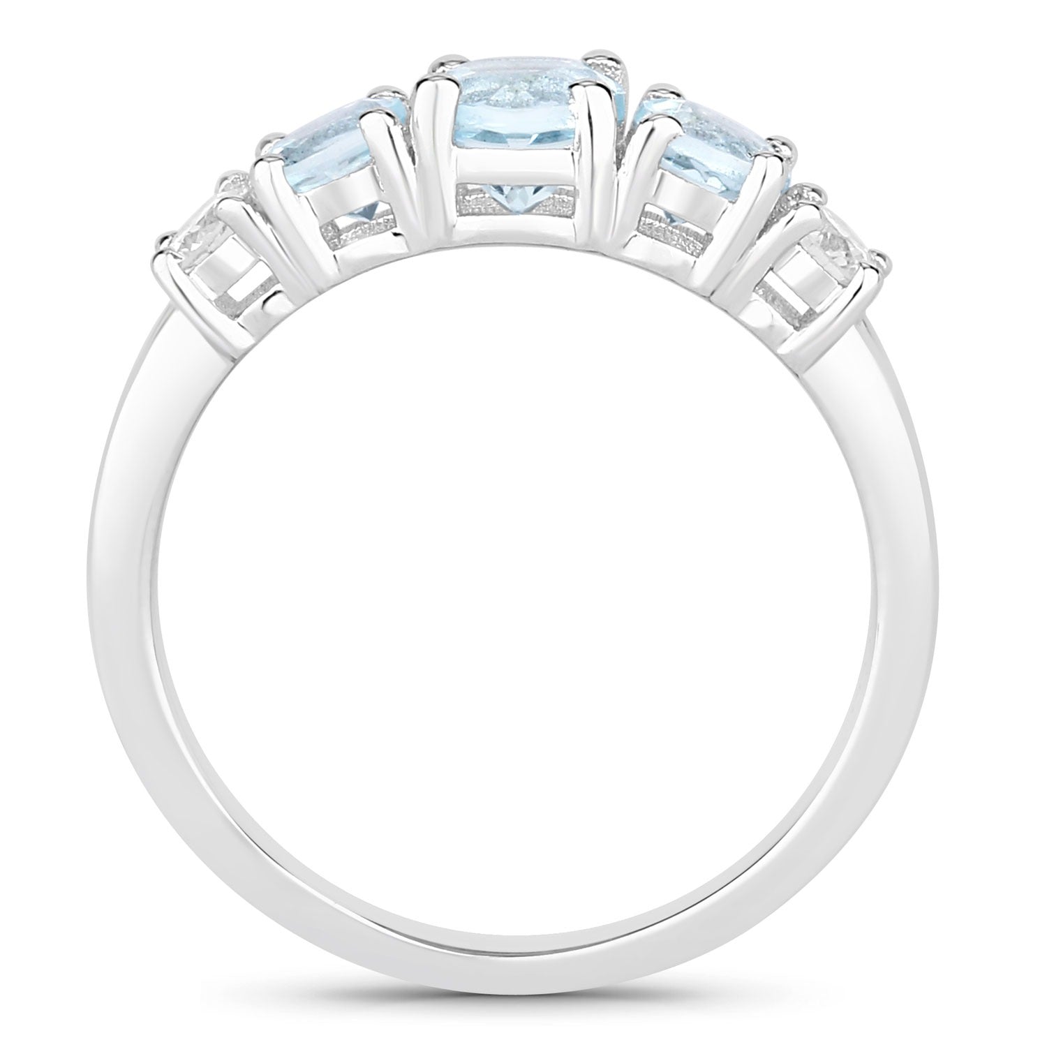 0.82 Ct Round Blue Aquamarine & Lab Diamond Prong Silver Five Stone Eternity Ring