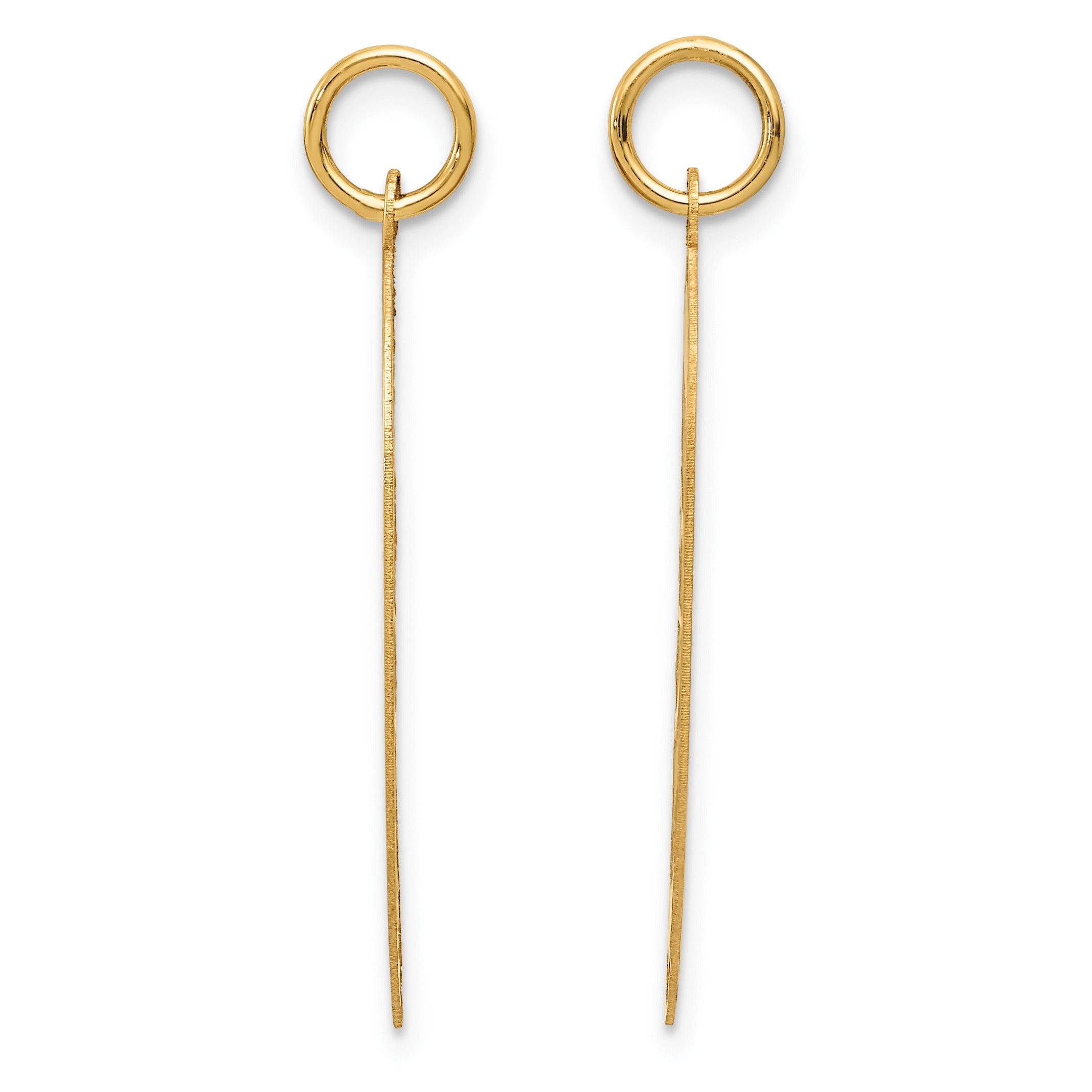 Minimalist gold drop earrings with circle and bar design on white background