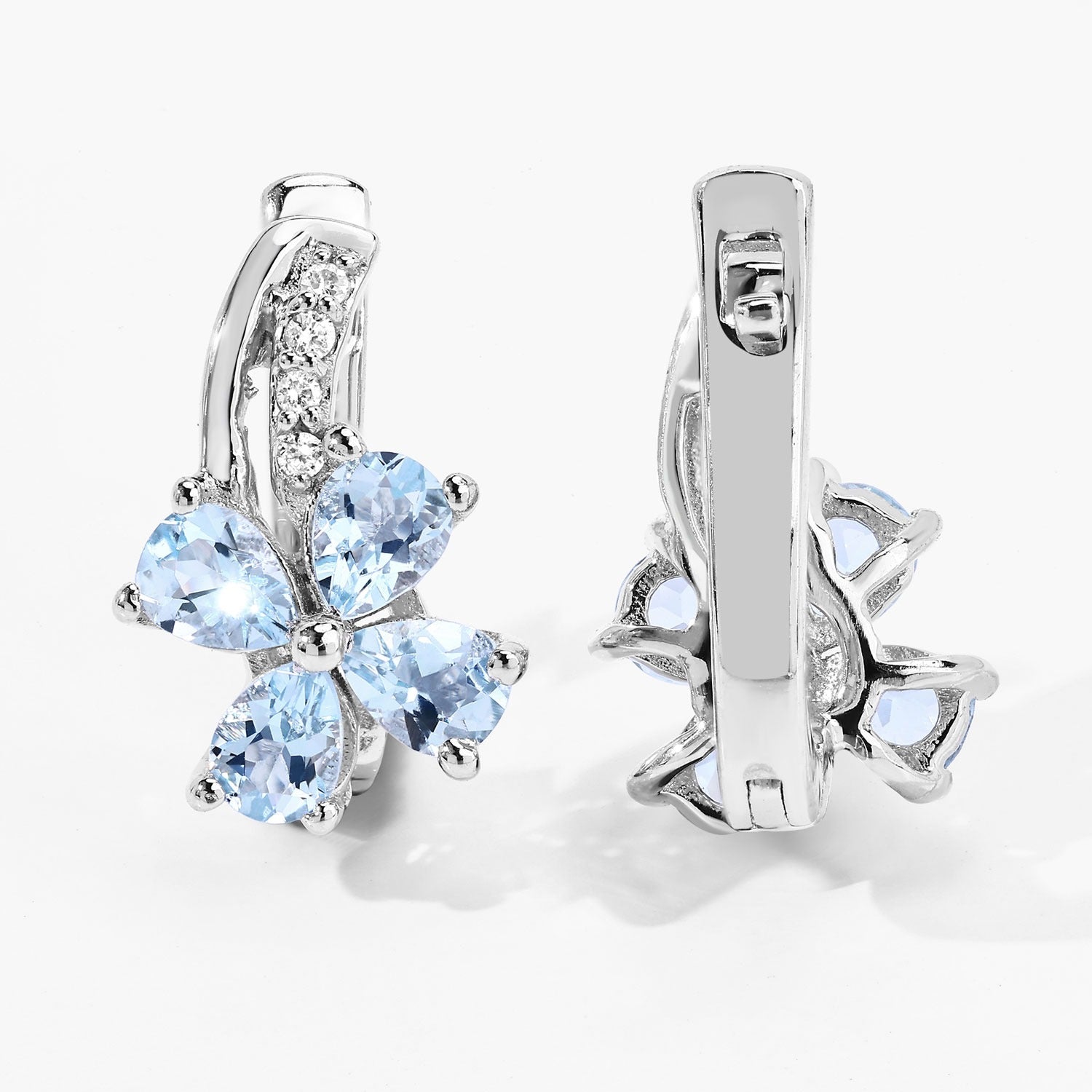 Genuine Blue Aquamarine Lab Diamond Silver Floral Earrings