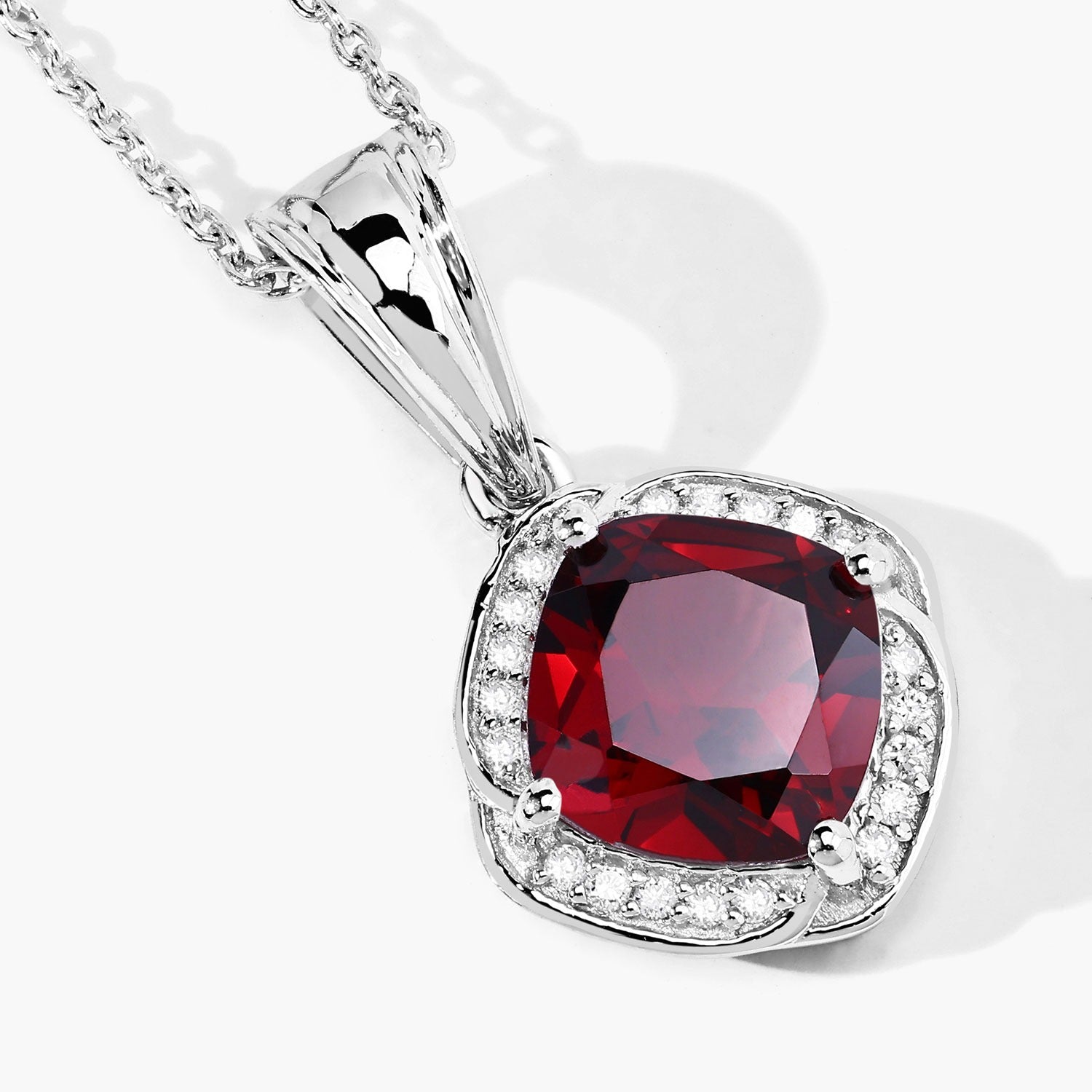 Genuine Red Garnet and Lab Diamond 925 Silver Necklace Fine Color Jewels