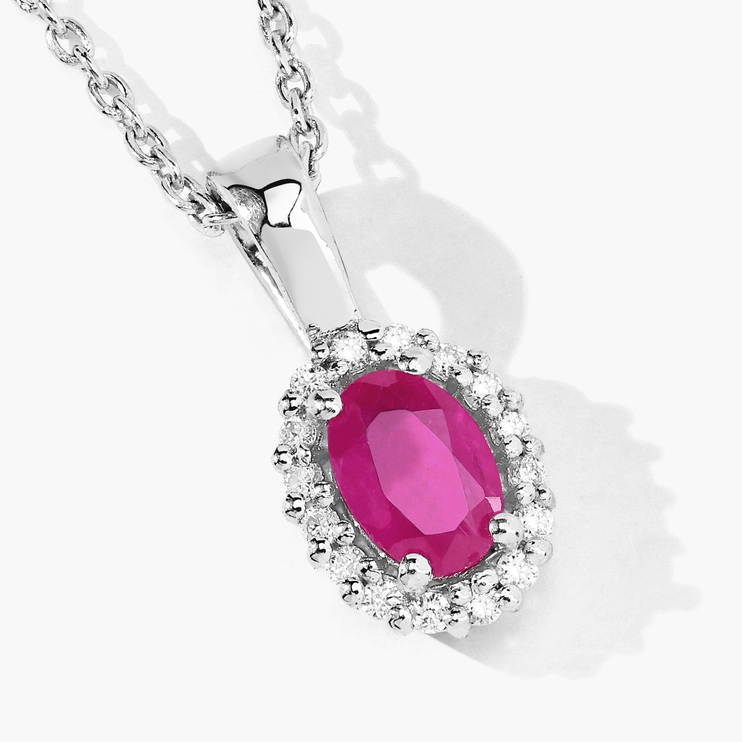 0.62 Ct Genuine Mozambique Ruby and Lab Diamond Silver Halo Necklace
