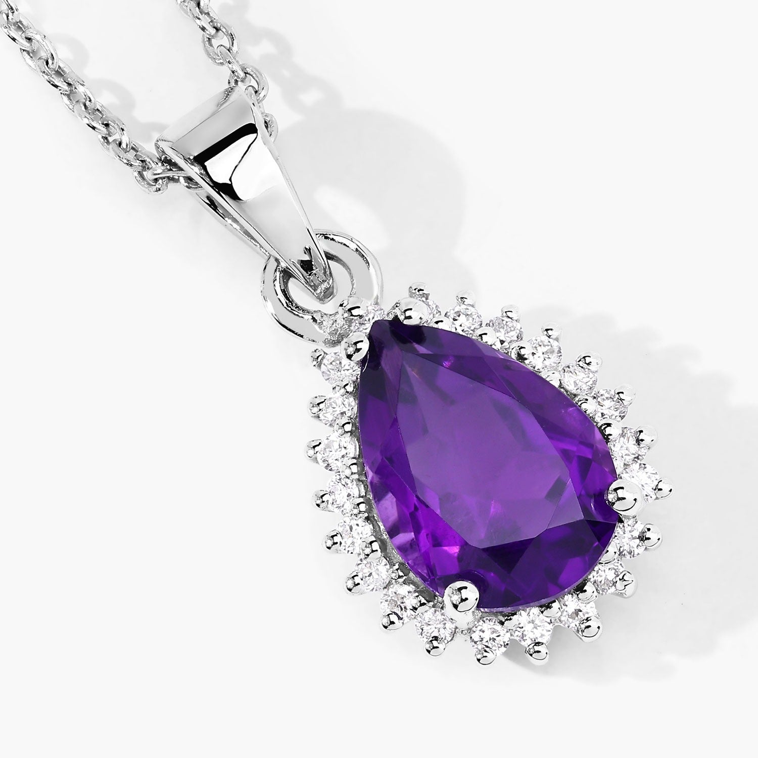 1.57 Ct Genuine Amethyst and Lab Diamond Silver Teardrop Necklace