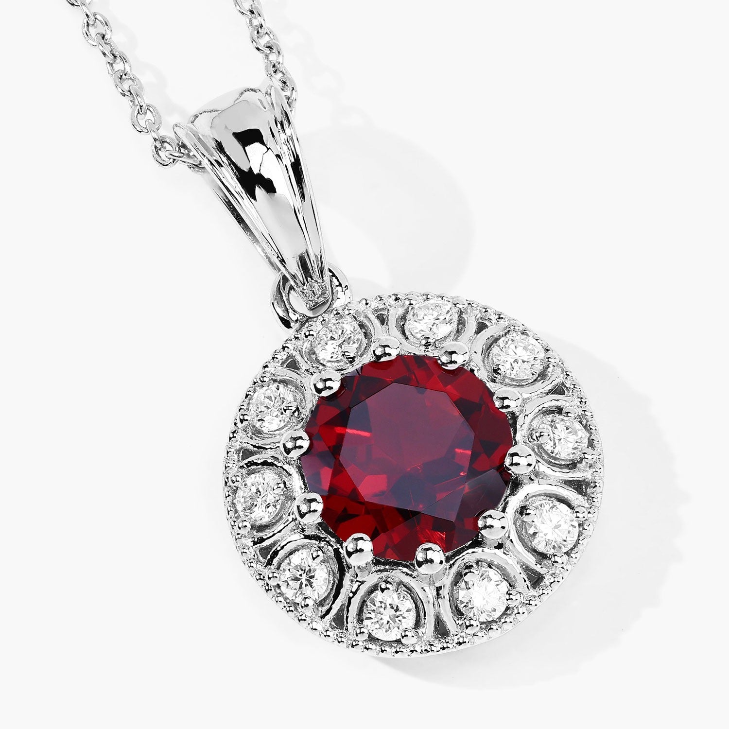 2.60 Ct Genuine Mozambique Garnet and Lab Diamond Silver Halo Necklace Fine Color Jewels
