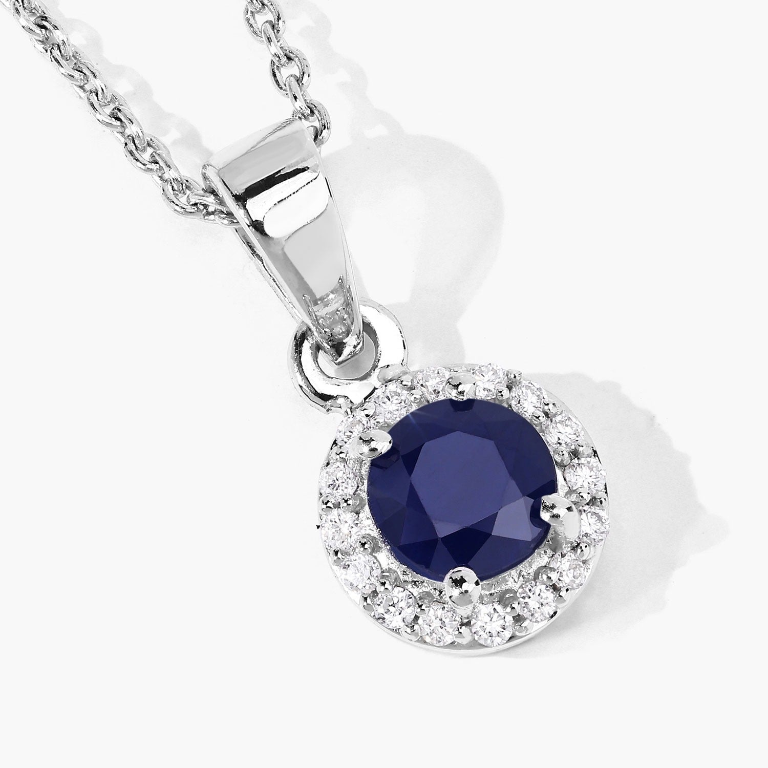 0.75 Ct Genuine Blue Sapphire and Lab Diamond Silver Round Necklace