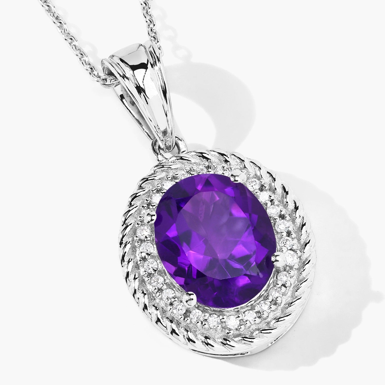 3.36 C Genuine Amethyst and Lab Diamond Silver Oval Necklace