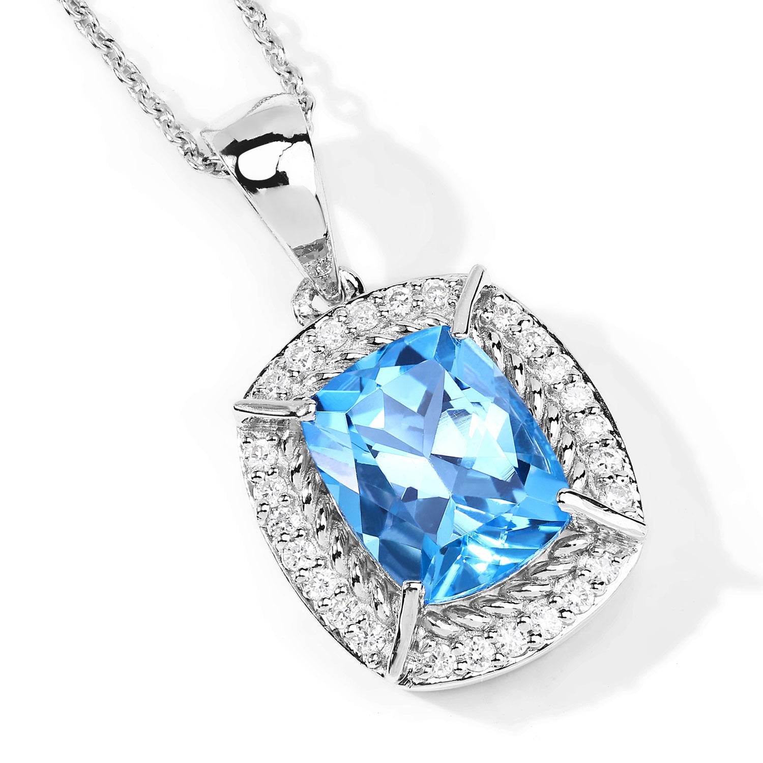 3.76 Ct Genuine Swiss Blue Topaz and Lab Diamond Silver Halo Necklace