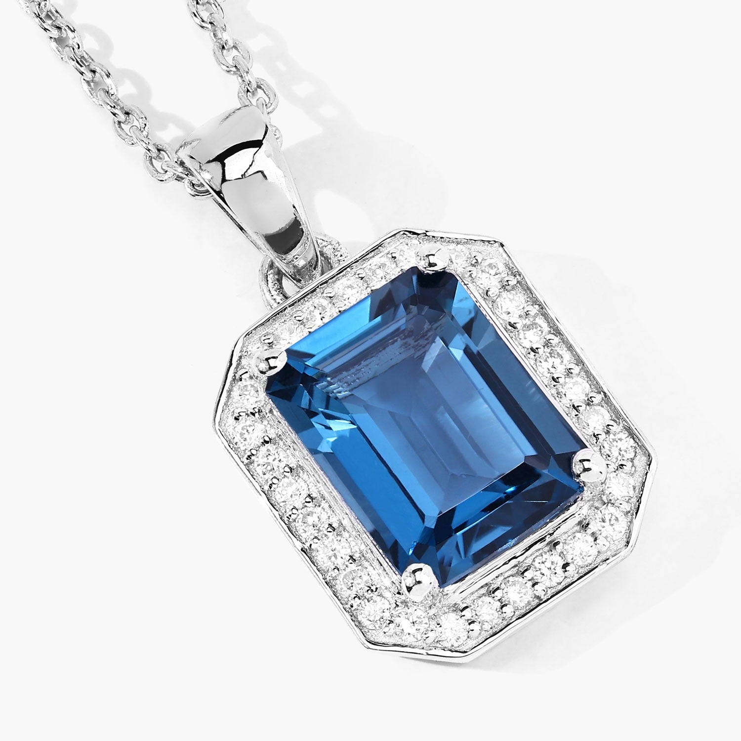 2.78 Ct Genuine London Blue Topaz and Lab Diamond Silver Halo Necklace