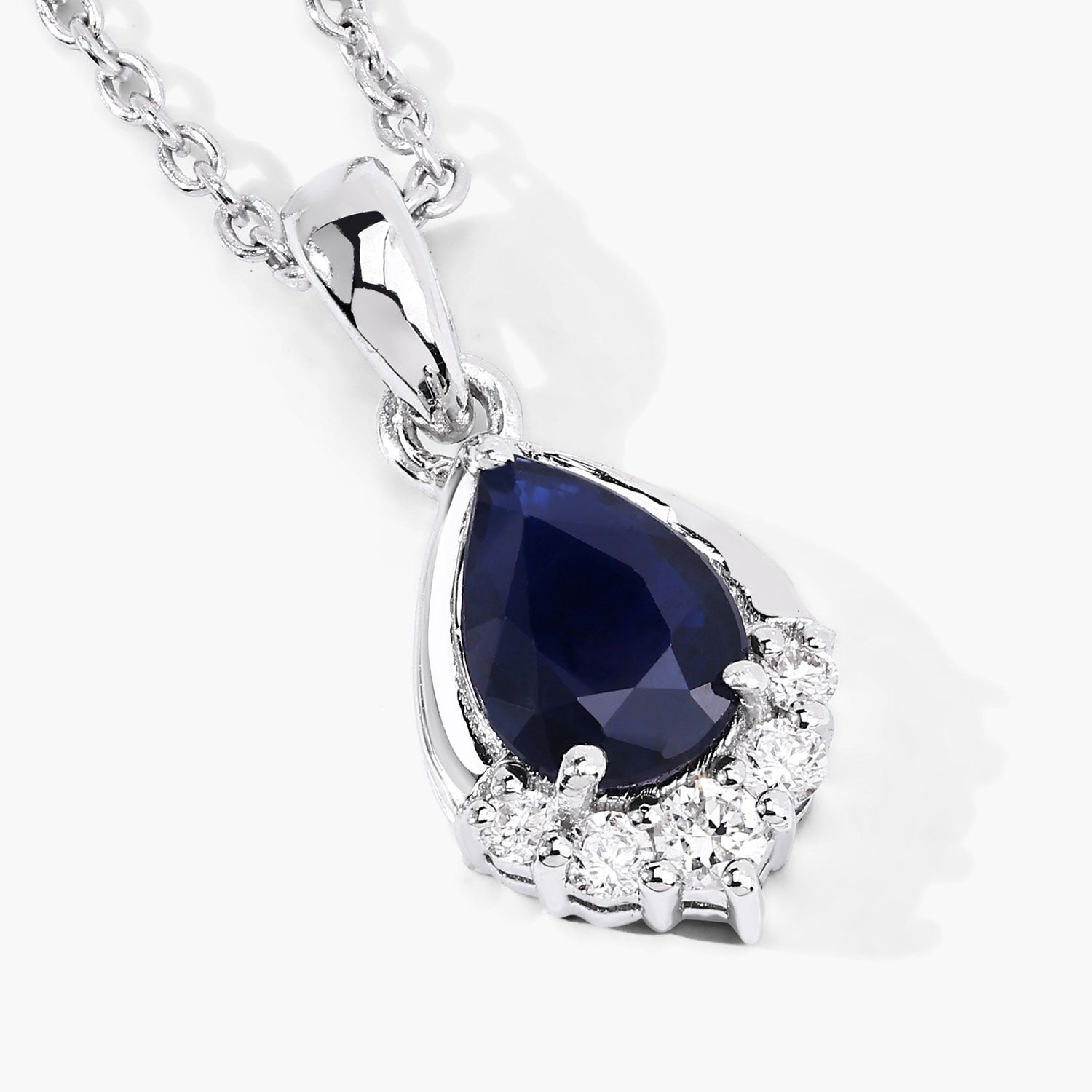 0.90 Carat Genuine Blue Sapphire and Lab Grown Diamond Silver Teardrop Pendant Necklace Fine Color Jewels