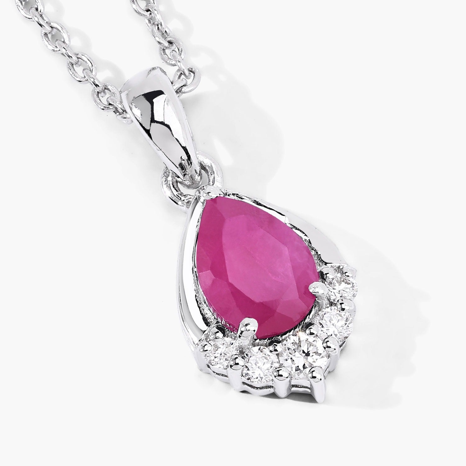 0.90 Ct Genuine Pear Shaped Mozambique Ruby and Lab Grown Diamond Silver Necklace