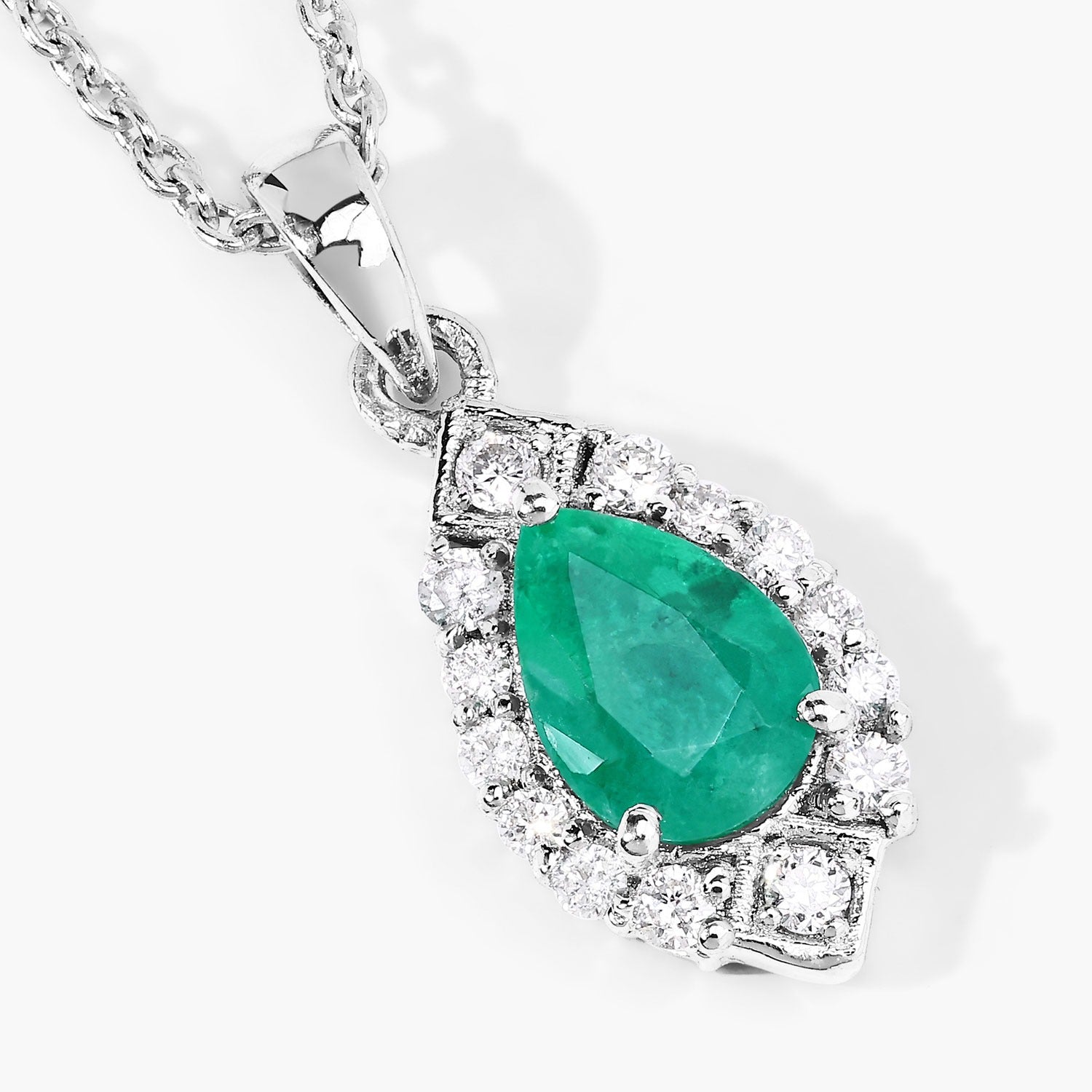 0.82 Ct Genuine Zambian Emerald and Lab Diamond Silver Teardrop Necklace