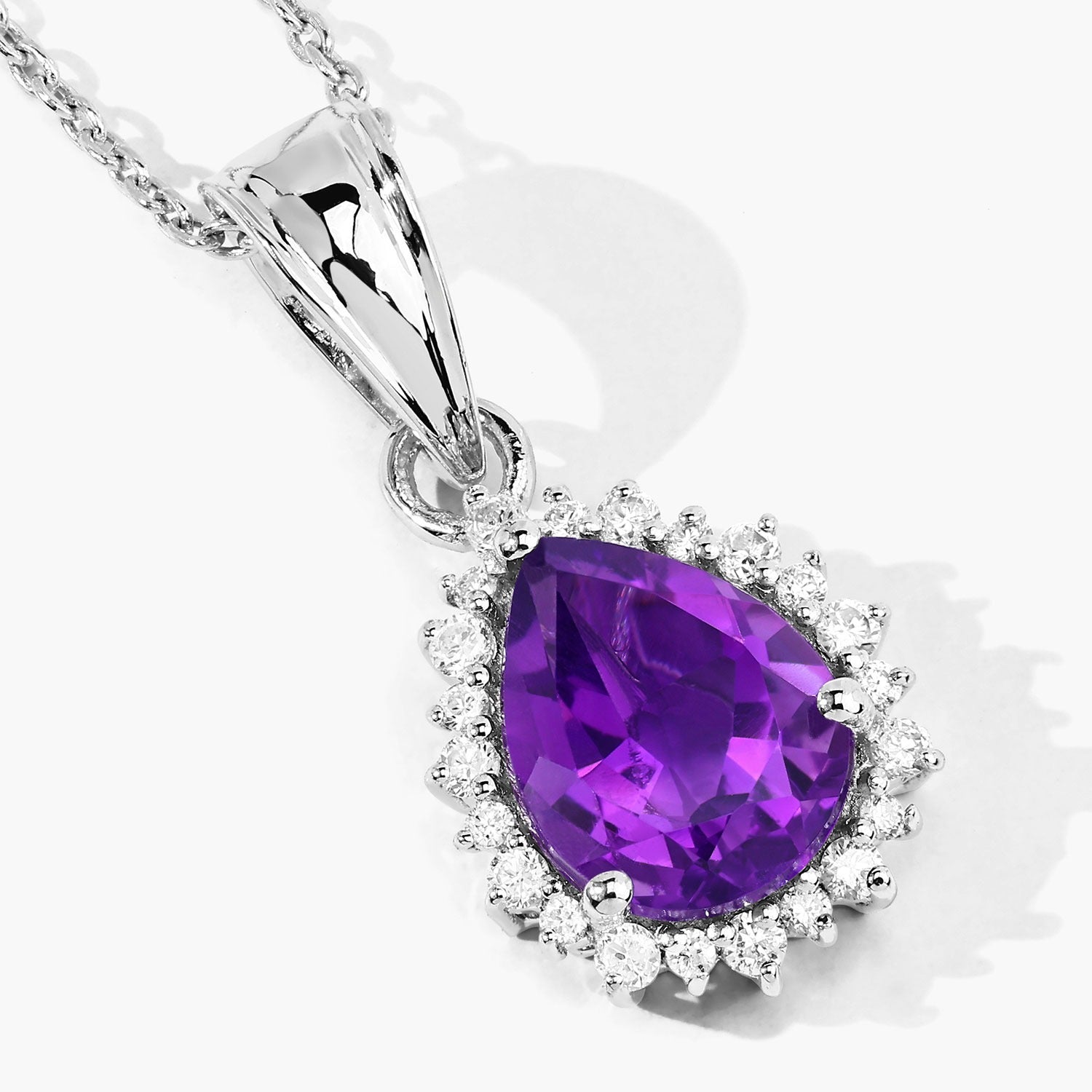 2.35 Ct Genuine Amethyst and Lab Grown Diamond Silver Halo Necklace Fine Color Jewels