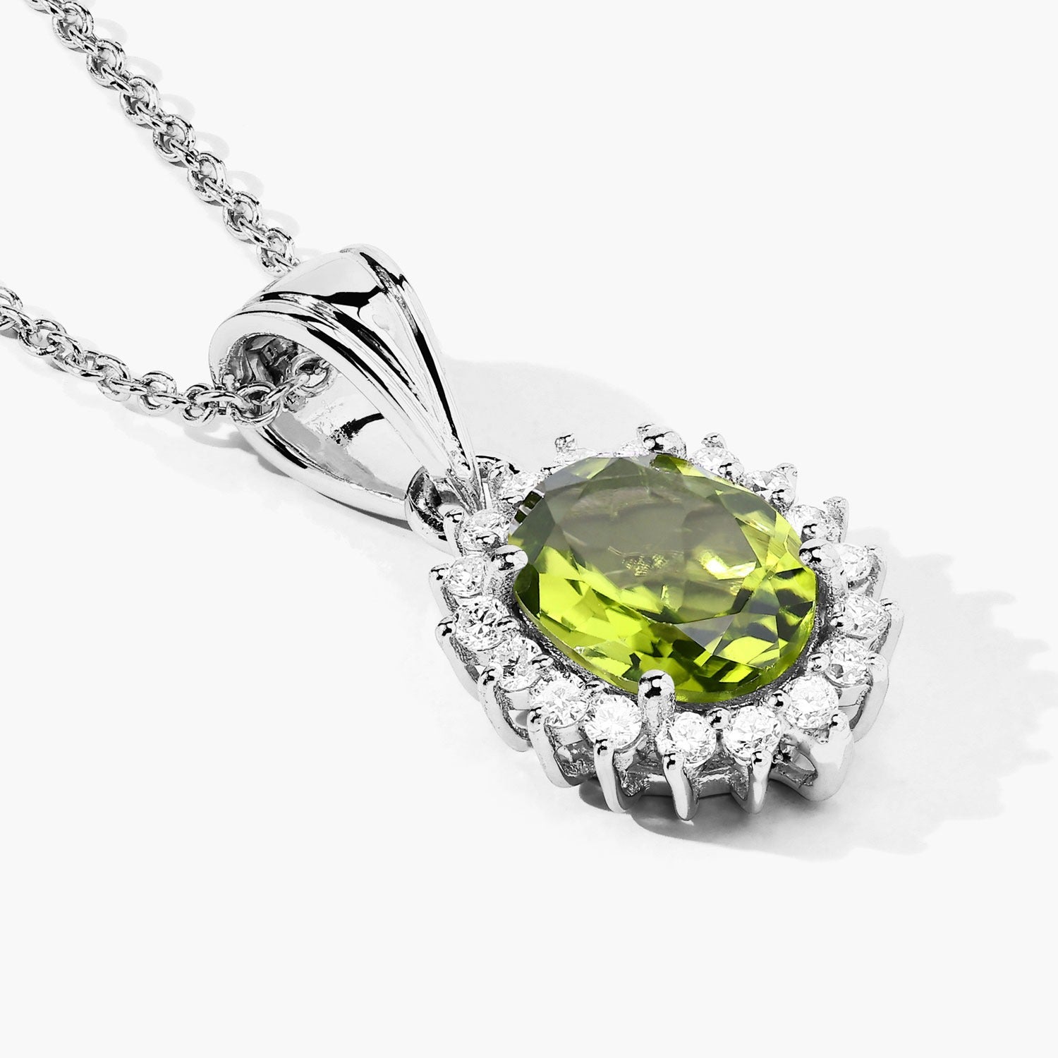 1.97 Carat Genuine Green Peridot and Lab Diamond Silver Halo Necklace