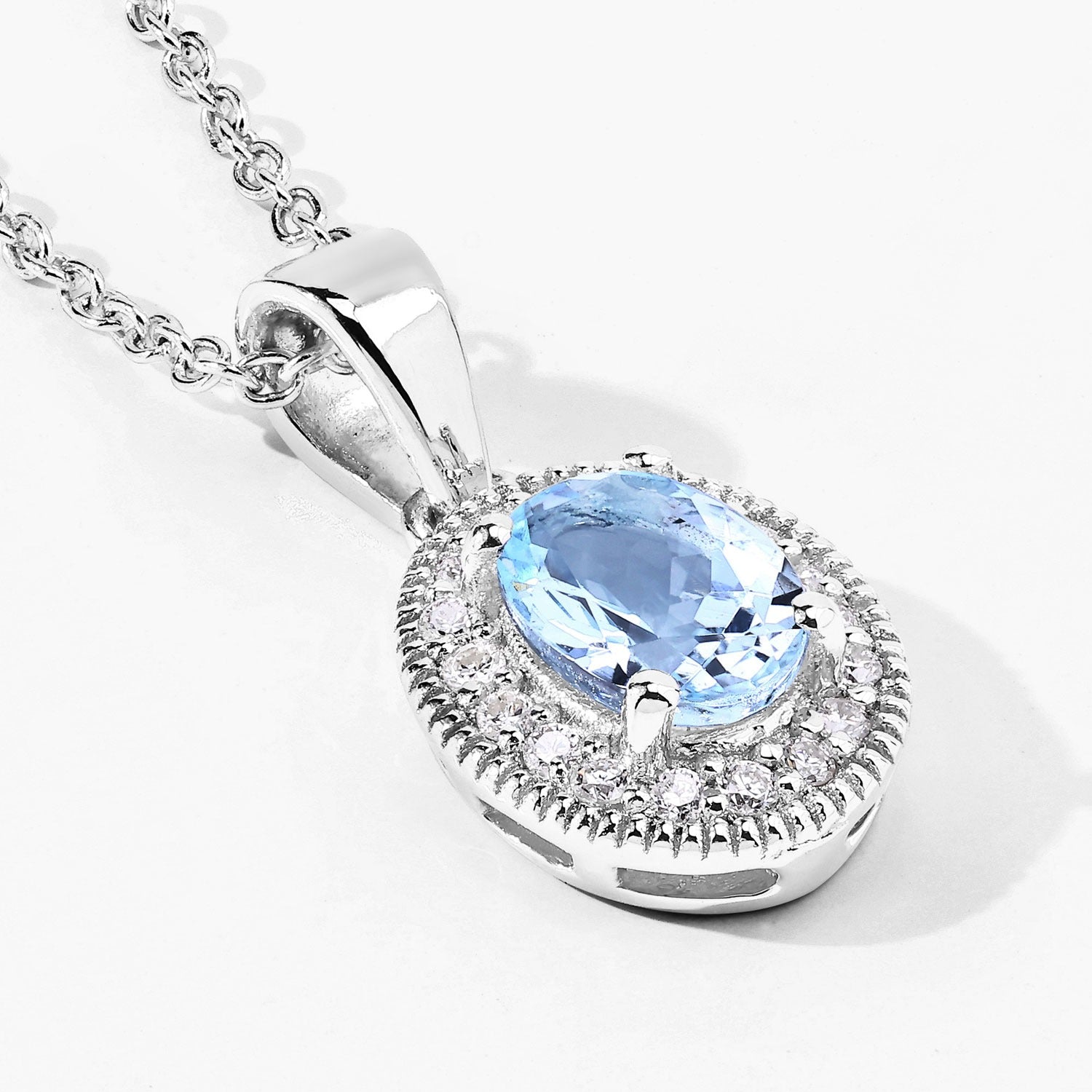 0.74 Ct Genuine Oval Aquamarine and Lab Diamond Silver Halo Necklace