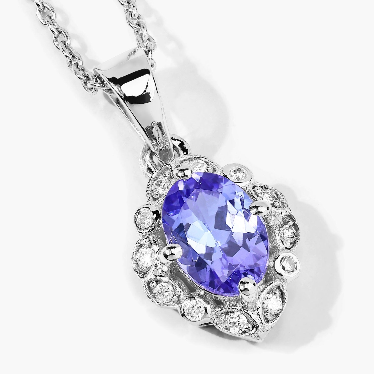 0.81 Ct Genuine Oval Tanzanite and Lab Diamond Silver Halo Necklace