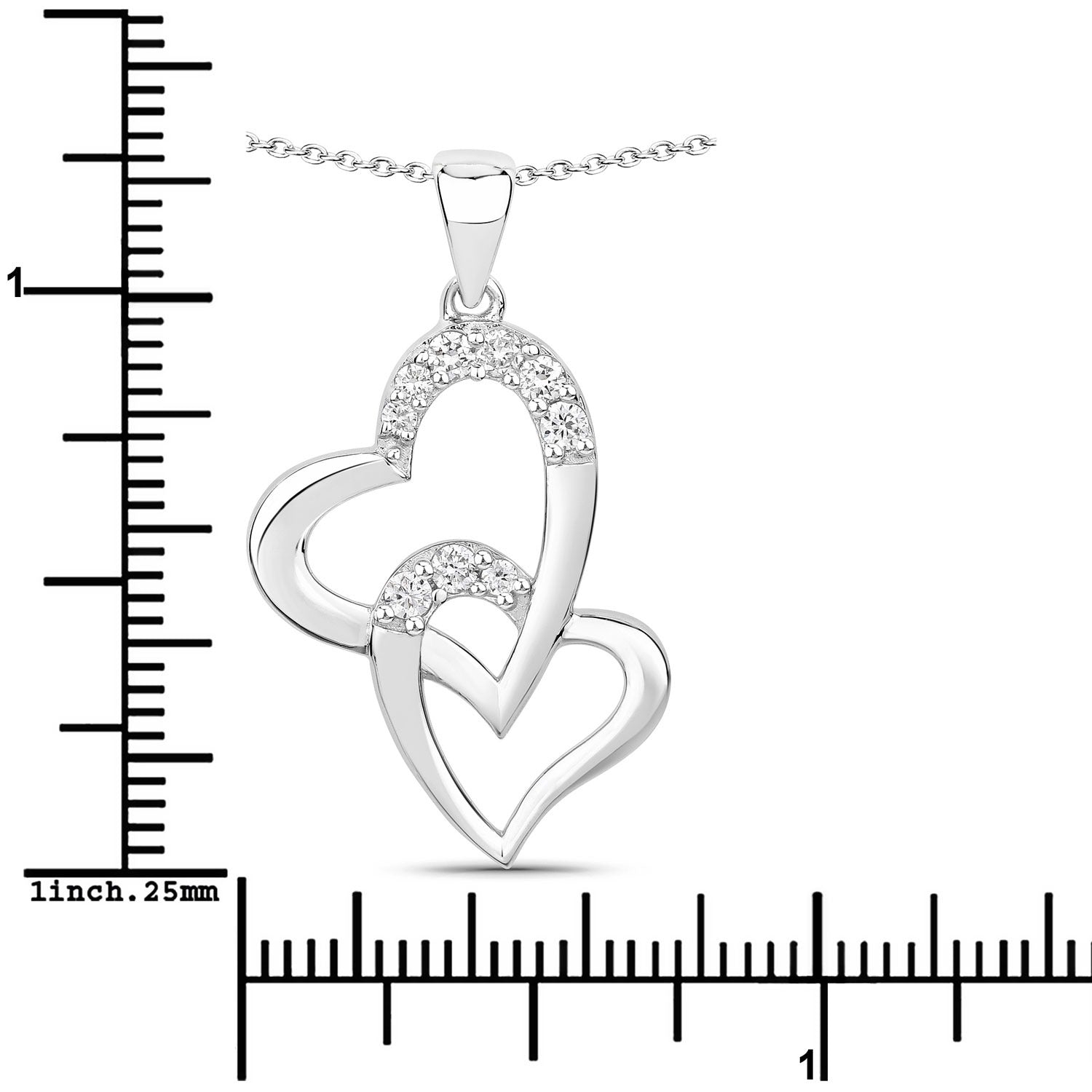 0.26 Cttw Round Lab Diamond Rhodium Plated Silver Intertwined Double Heart Pendant Necklace