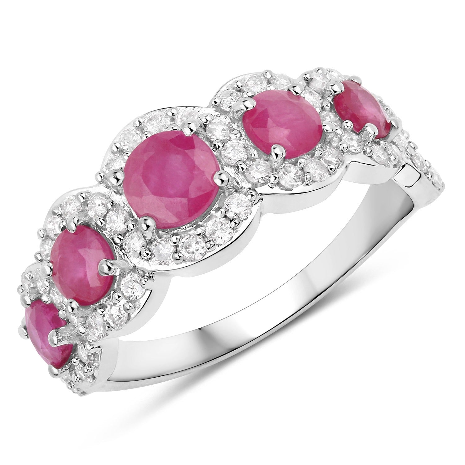 1.99 Ct Round Cut Pink Ruby and White Diamond Prong 14K White Gold Five Stone Halo Ring