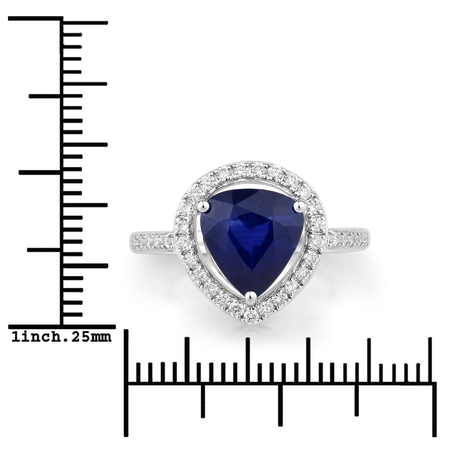 3.47 Ct Pear Ceylon Blue Sapphire and White Diamond Prong 18K White Gold Pave Halo Statement Ring