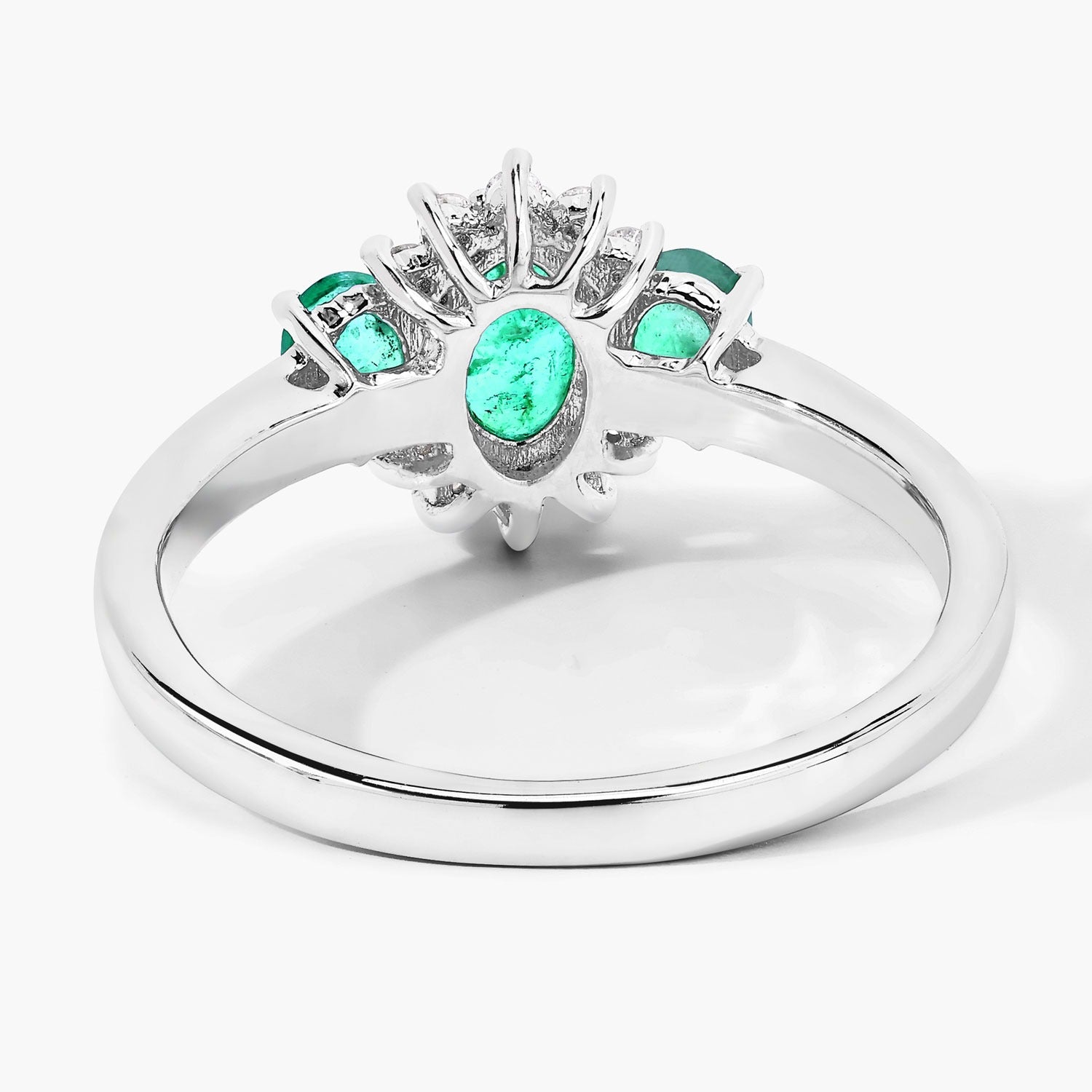 0.74 Ct Oval Green Zambian Emerald & Lab Diamond Prong Silver Three Stone Cocktail Ring