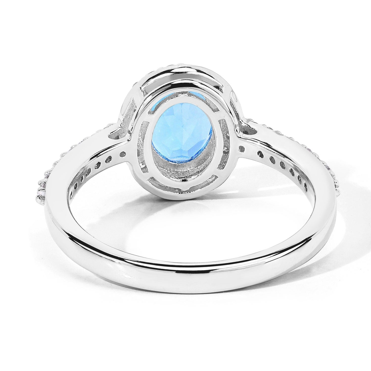1.60 Ct Oval Swiss Blue Topaz and Lab Diamond Prong Silver Halo Pave Ring