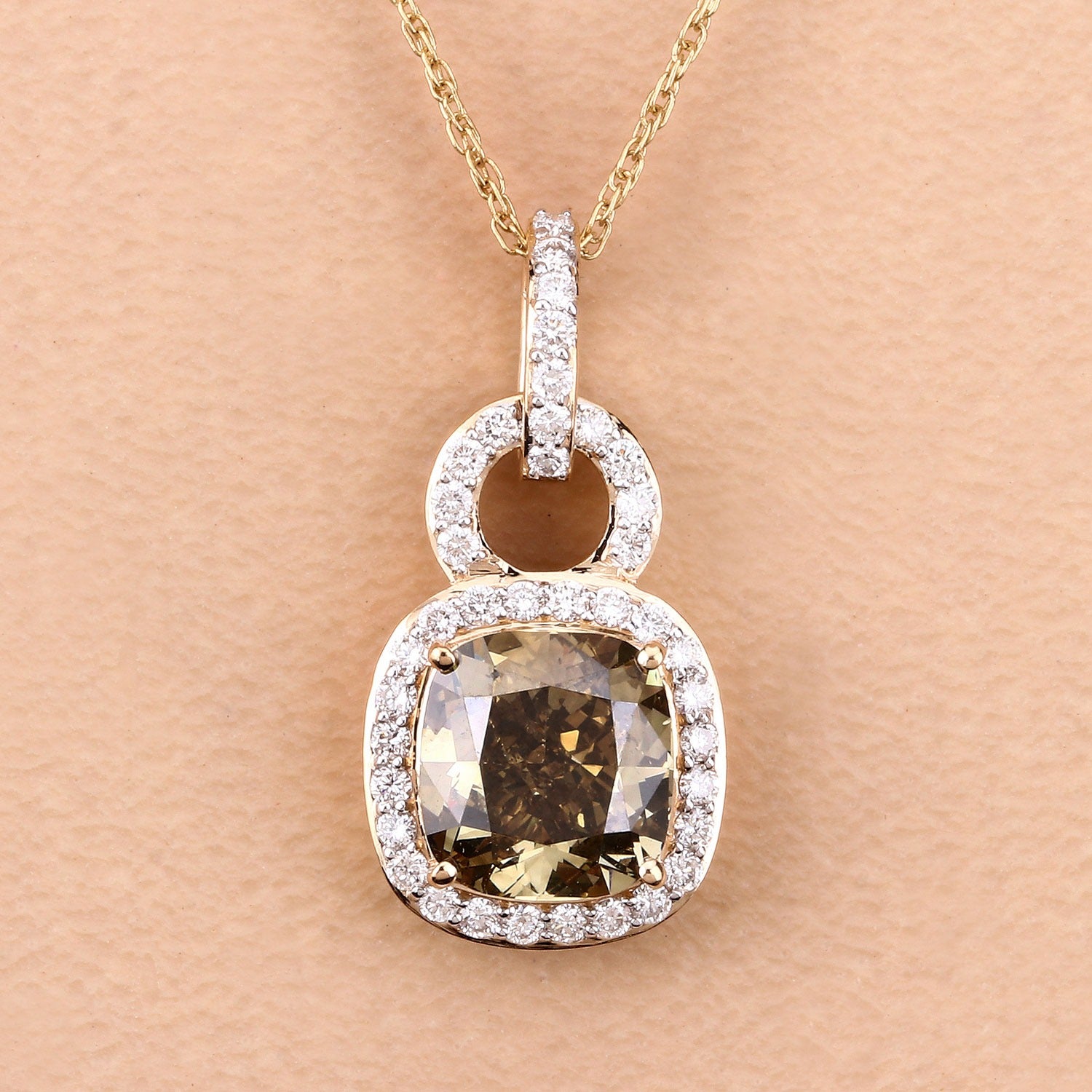 2.50 Ct Genuine Cushion Brown Diamond 18K Yellow Gold Statement Pendant