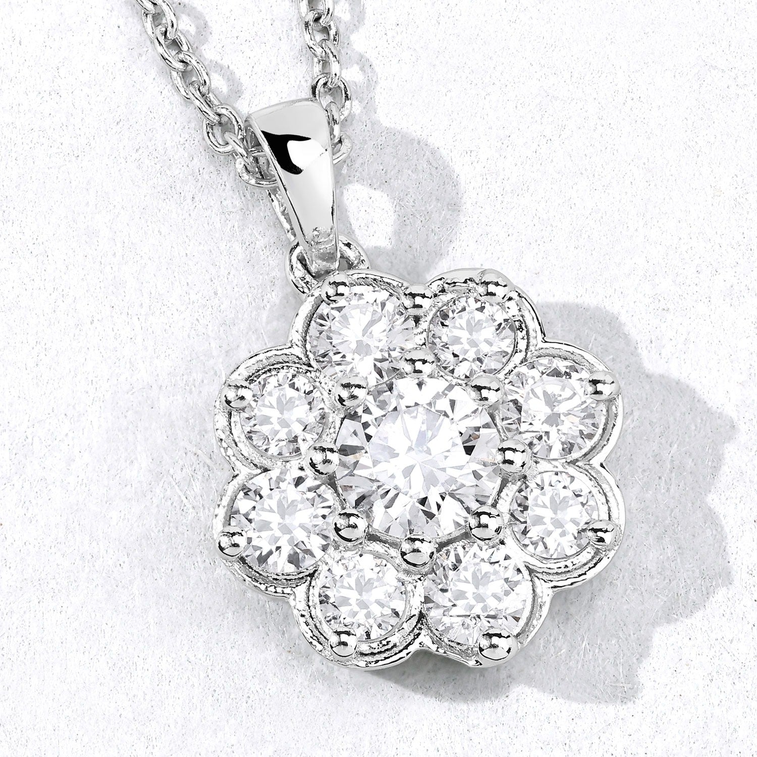1 Cttw Round Lab Diamond Rhodium Plated Silver Scalloped Floral Halo Cluster Pendant Necklace