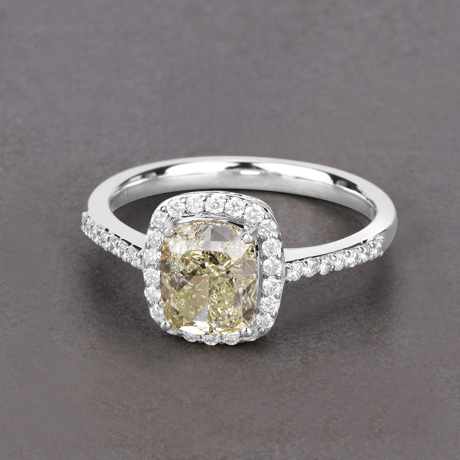 2.05 Ct Cushion Cut Genuine Yellow Diamond 18K White Gold Ring