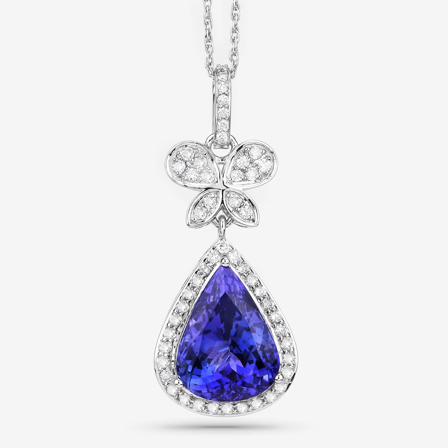 5.54 Ct Genuine Pear Tanzanite and Diamond 18K White Gold Statement Pendant