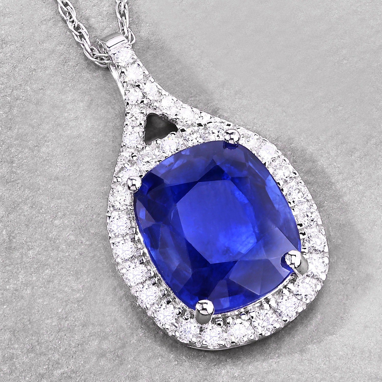 2.73 Ct Genuine Cushion Ceylon Blue Sapphire and Diamond 18K White Gold Halo Pendant