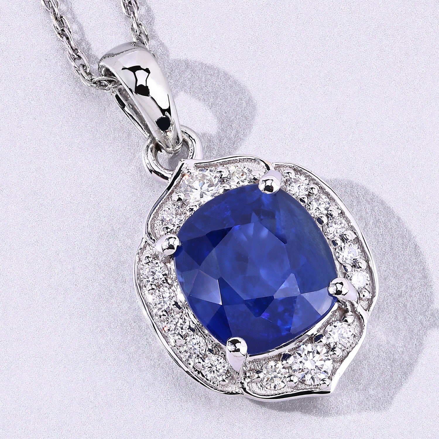 2.19 Ct Genuine Cushion Ceylon Blue Sapphire and Diamond 18K White Gold Halo Pendant